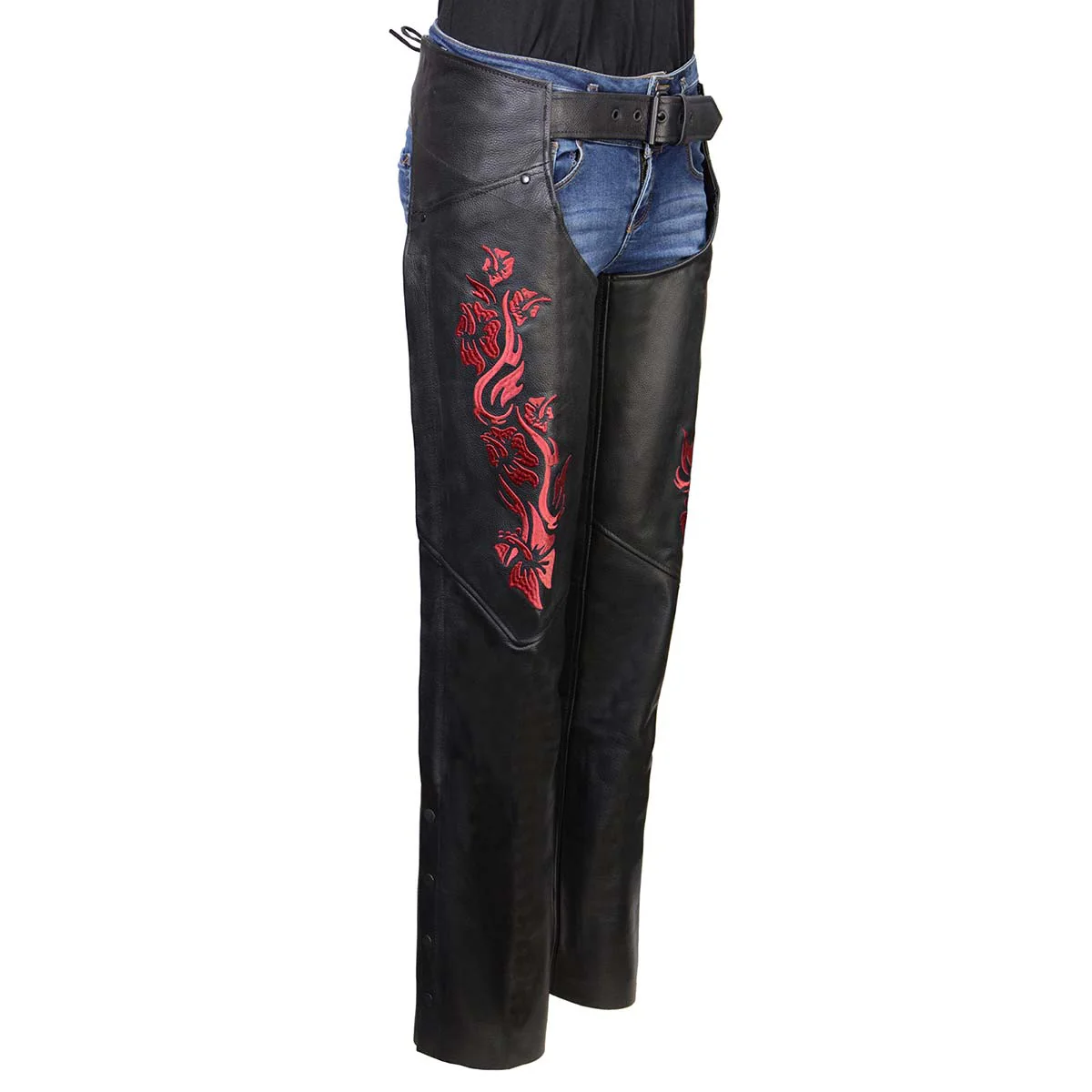 Milwaukee Leather Women's Leather Motorcycle Chaps w/ Embroidery Detail, Adjustable Fit Riding Gear - LKL16703