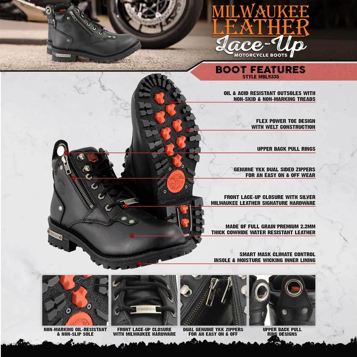 Milwaukee Leather MBL9335 Women's Premium Black Leather Low Cut Lace-Up Motorcycle Riding Boots w/ Zipper Closure - Image 2