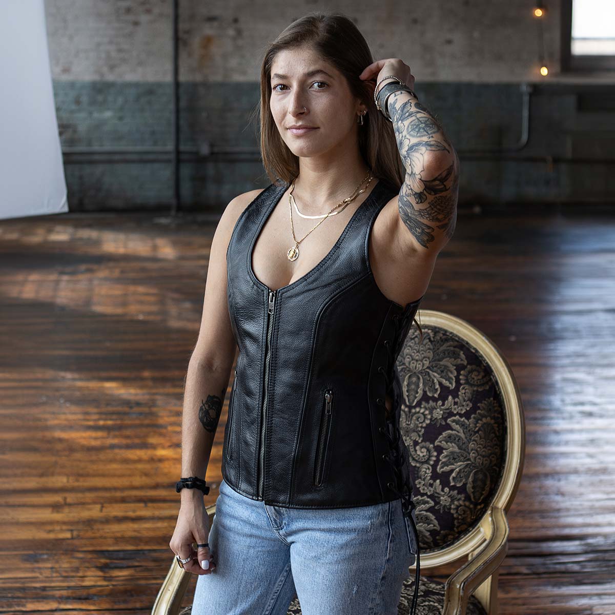 Milwaukee Leather Women's Black Leather V-Neck Motorcycle Rider Vest with Side Lace MLL4531 - Image 10