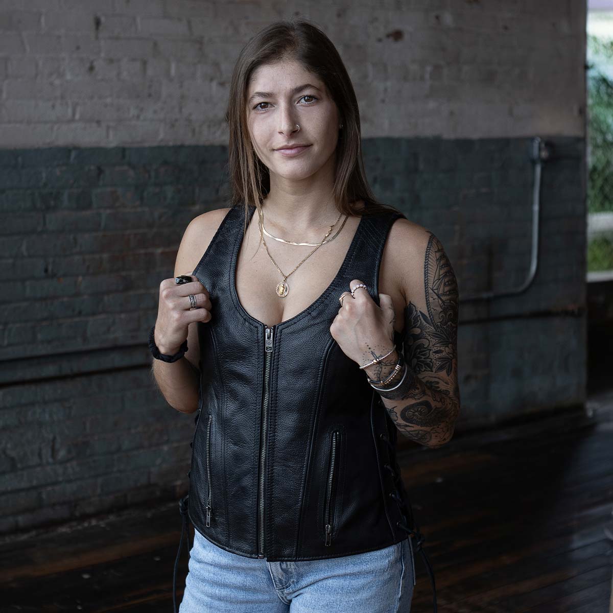 Milwaukee Leather Women's Black Leather V-Neck Motorcycle Rider Vest with Side Lace MLL4531 - Image 12