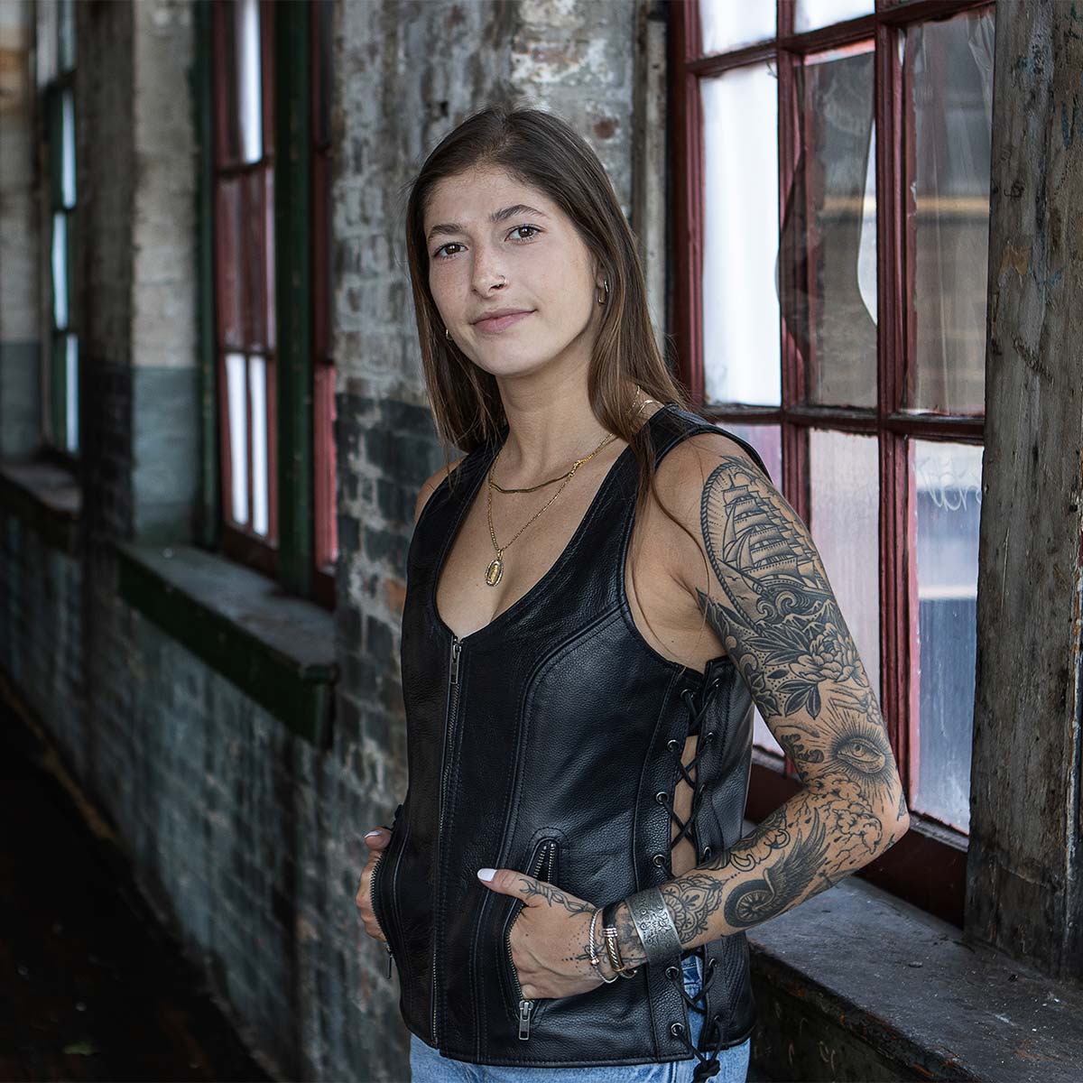 Milwaukee Leather Women's Black Leather V-Neck Motorcycle Rider Vest with Side Lace MLL4531 - Image 6