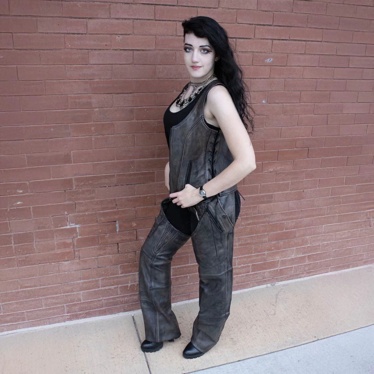 Milwaukee Leather Women's Distress Brown Leather V-Neck Motorcycle Rider Vest with Side Lace MLL4531 - Image 4