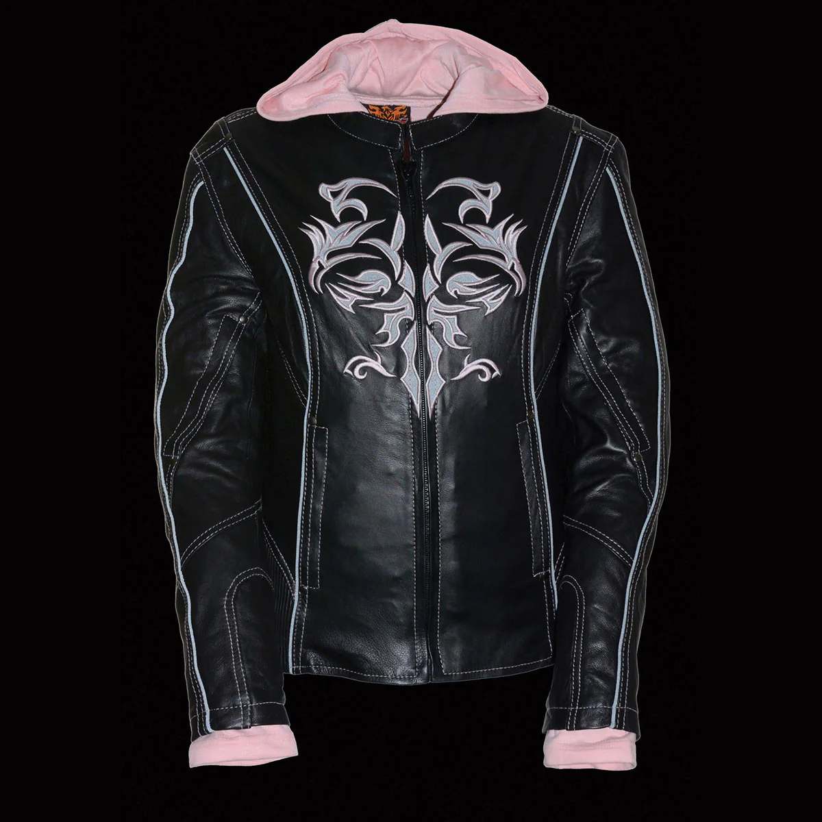 Milwaukee Leather ML2066 Women's 3/4 Black and Pink Leather Hoodie Jacket with Reflective Tribal Design - Image 4