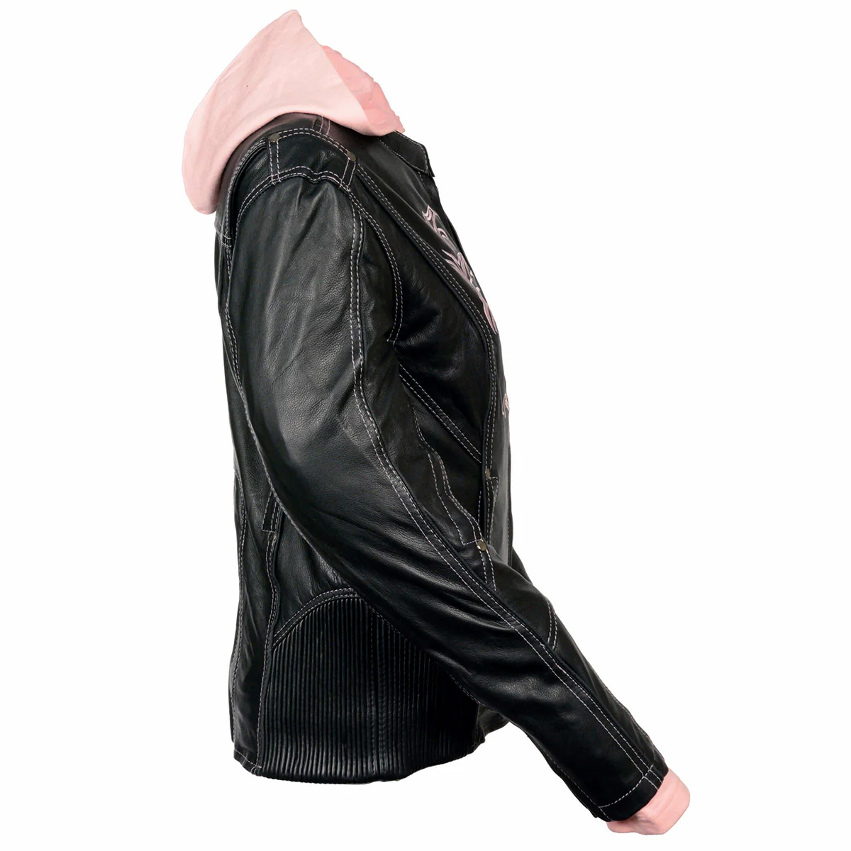 Milwaukee Leather ML2066 Women's 3/4 Black and Pink Leather Hoodie Jacket with Reflective Tribal Design - Image 7