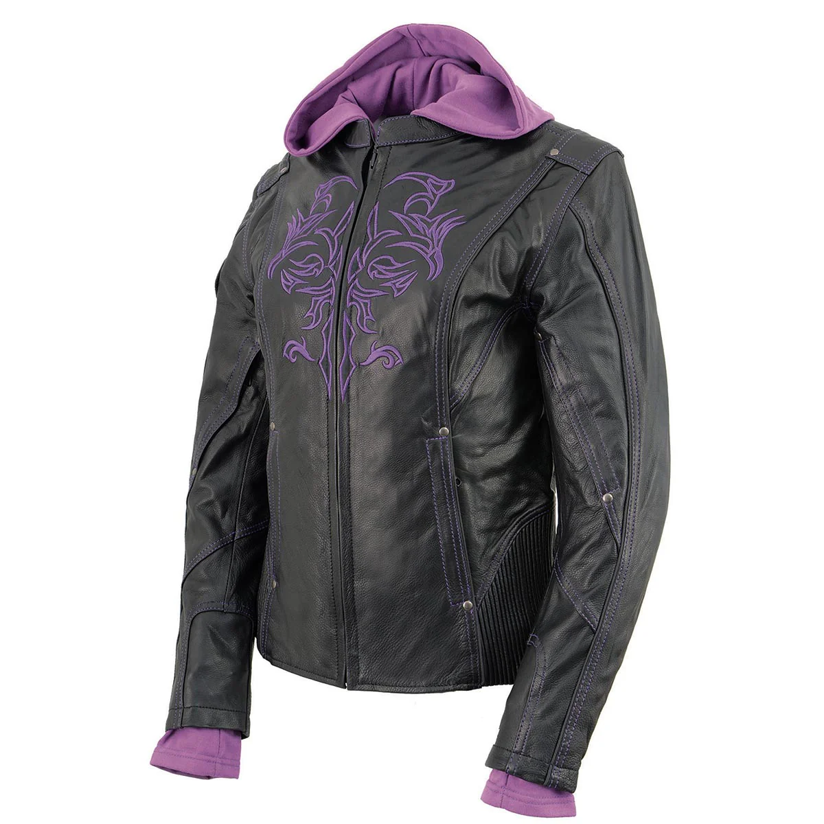Milwaukee Leather ML2067 Women's 3/4 Black and Purple Leather Hoodie Jacket with Reflective Tribal Design - Image 11