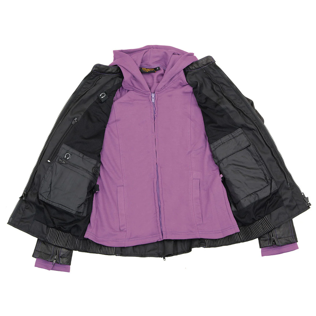 Milwaukee Leather ML2067 Women's 3/4 Black and Purple Leather Hoodie Jacket with Reflective Tribal Design - Image 4