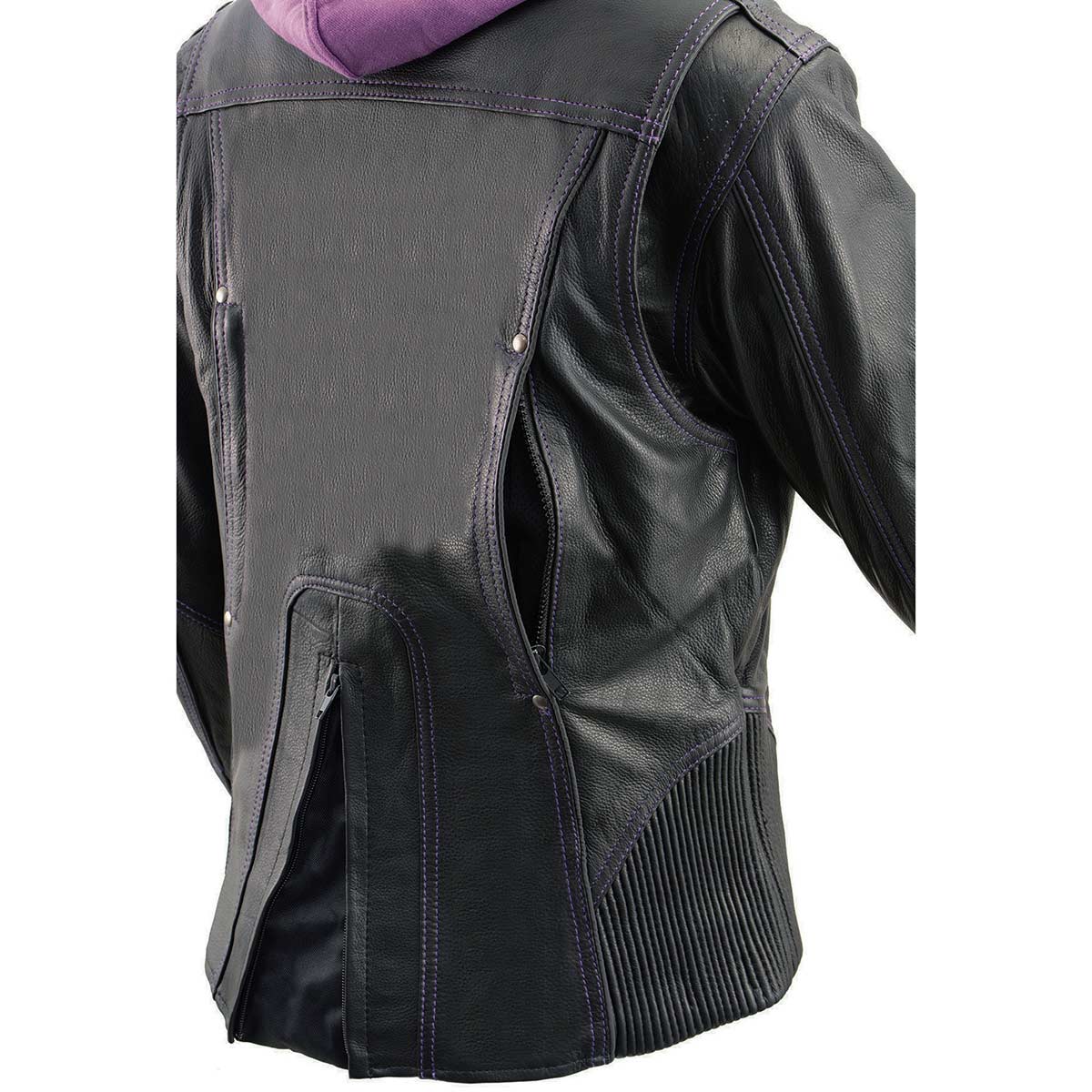 Milwaukee Leather ML2067 Women's 3/4 Black and Purple Leather Hoodie Jacket with Reflective Tribal Design - Image 5
