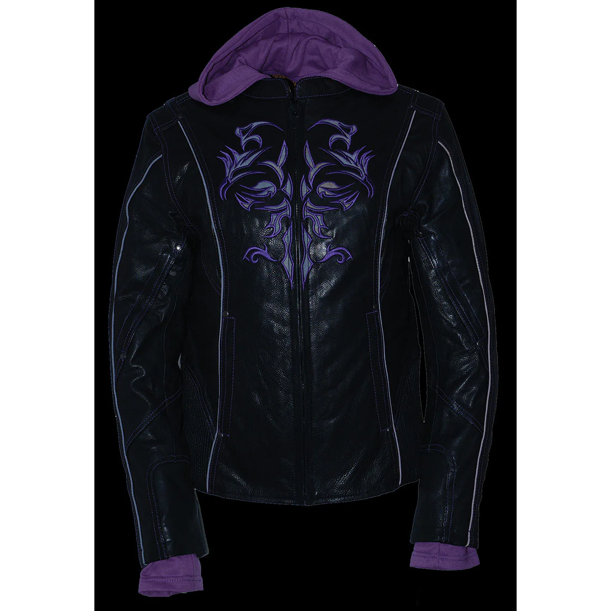 Milwaukee Leather ML2067 Women's 3/4 Black and Purple Leather Hoodie Jacket with Reflective Tribal Design - Image 6