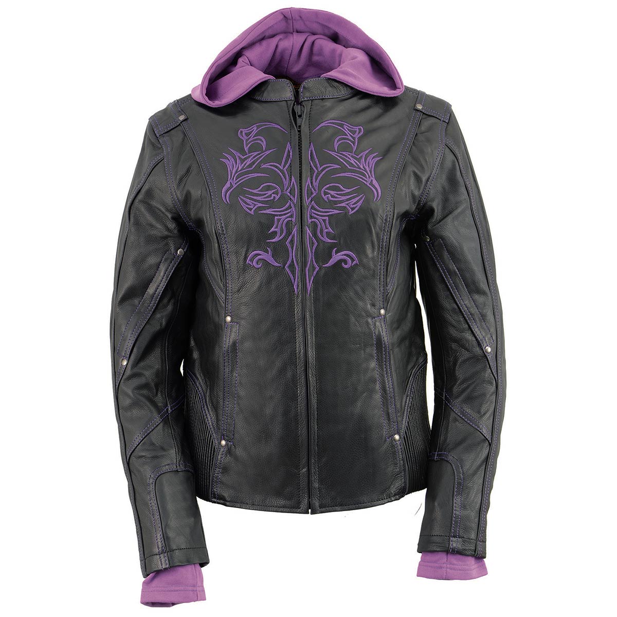 Milwaukee Leather ML2067 Women's 3/4 Black and Purple Leather Hoodie Jacket with Reflective Tribal Design - Image 9