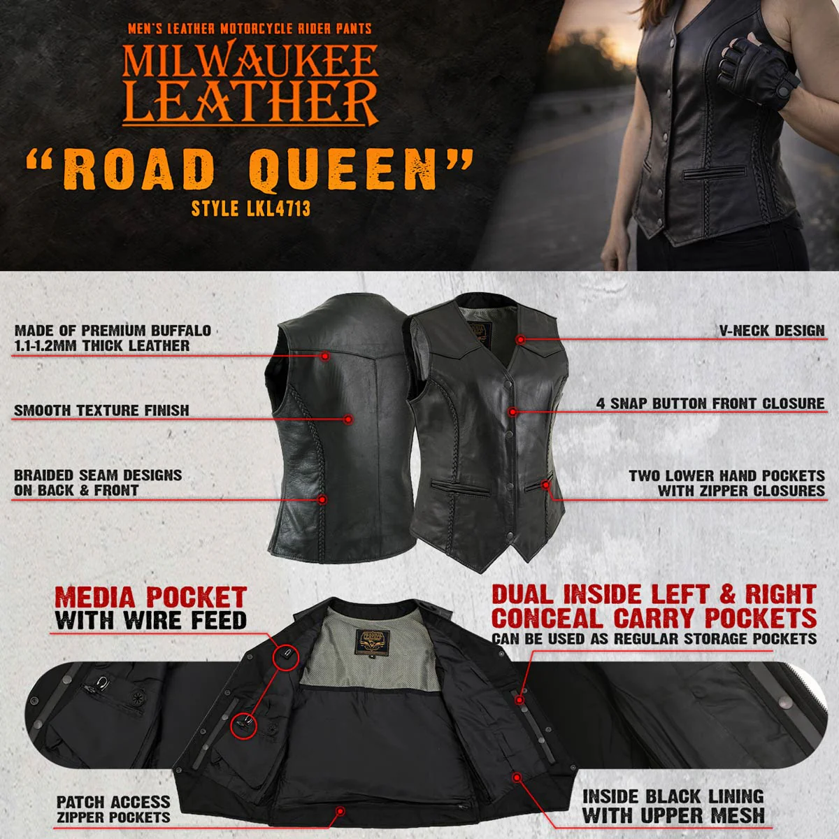 Milwaukee Leather Women's Road Queen Black Braided Buffalo Leather Motorcycle Vest - LKL4713 - Image 4