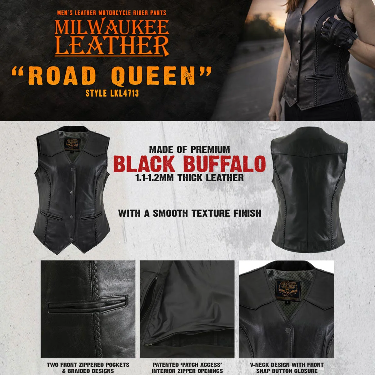Milwaukee Leather Women's Road Queen Black Braided Buffalo Leather Motorcycle Vest - LKL4713 - Image 5