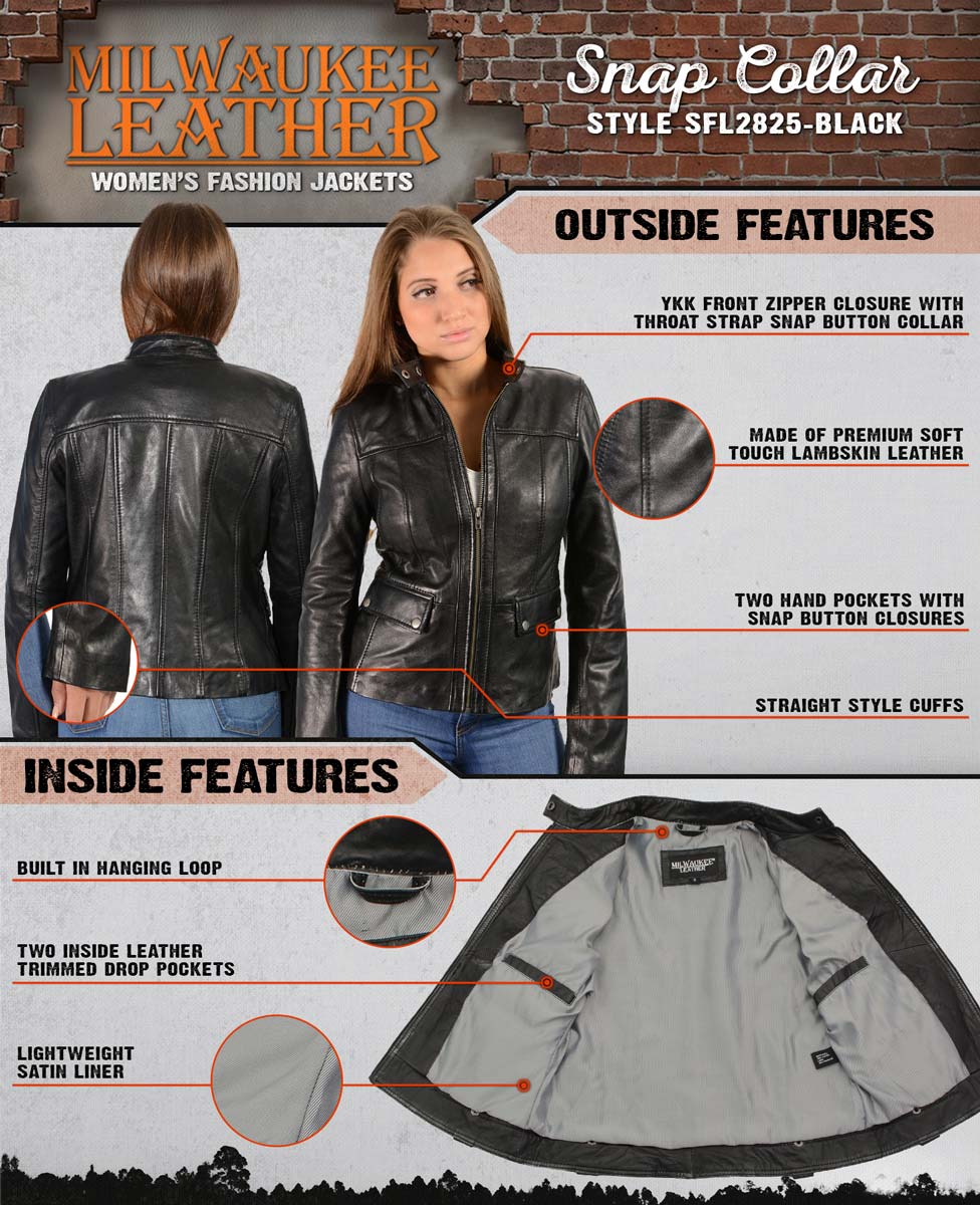 Milwaukee Leather SFL2825 Women's Snap Collar Black Lambskin Leather Jacket - Image 2