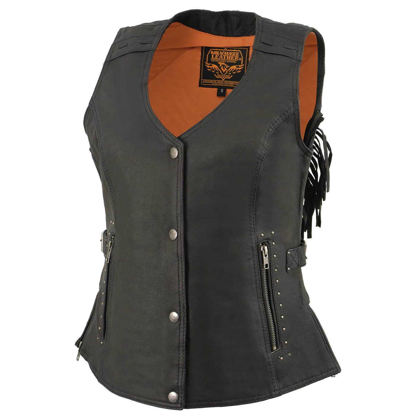 Milwaukee Leather MLL4565 Women's Black Fringed Leather Rivet Detail Side Buckle and Zipper Motorcycle Rider Vest - Image 11