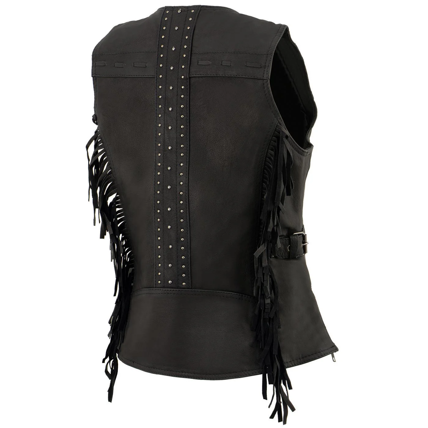 Milwaukee Leather MLL4565 Women's Black Fringed Leather Rivet Detail Side Buckle and Zipper Motorcycle Rider Vest - Image 9