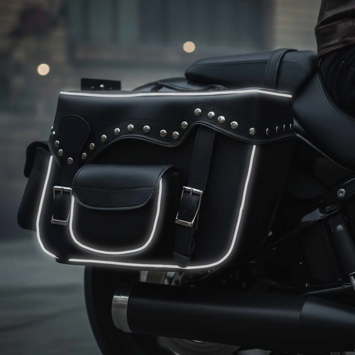 Milwaukee Leather SH66601ZB Black Zip-Off Double Pocket Studded PVC Throw Over Saddlebags - Image 7