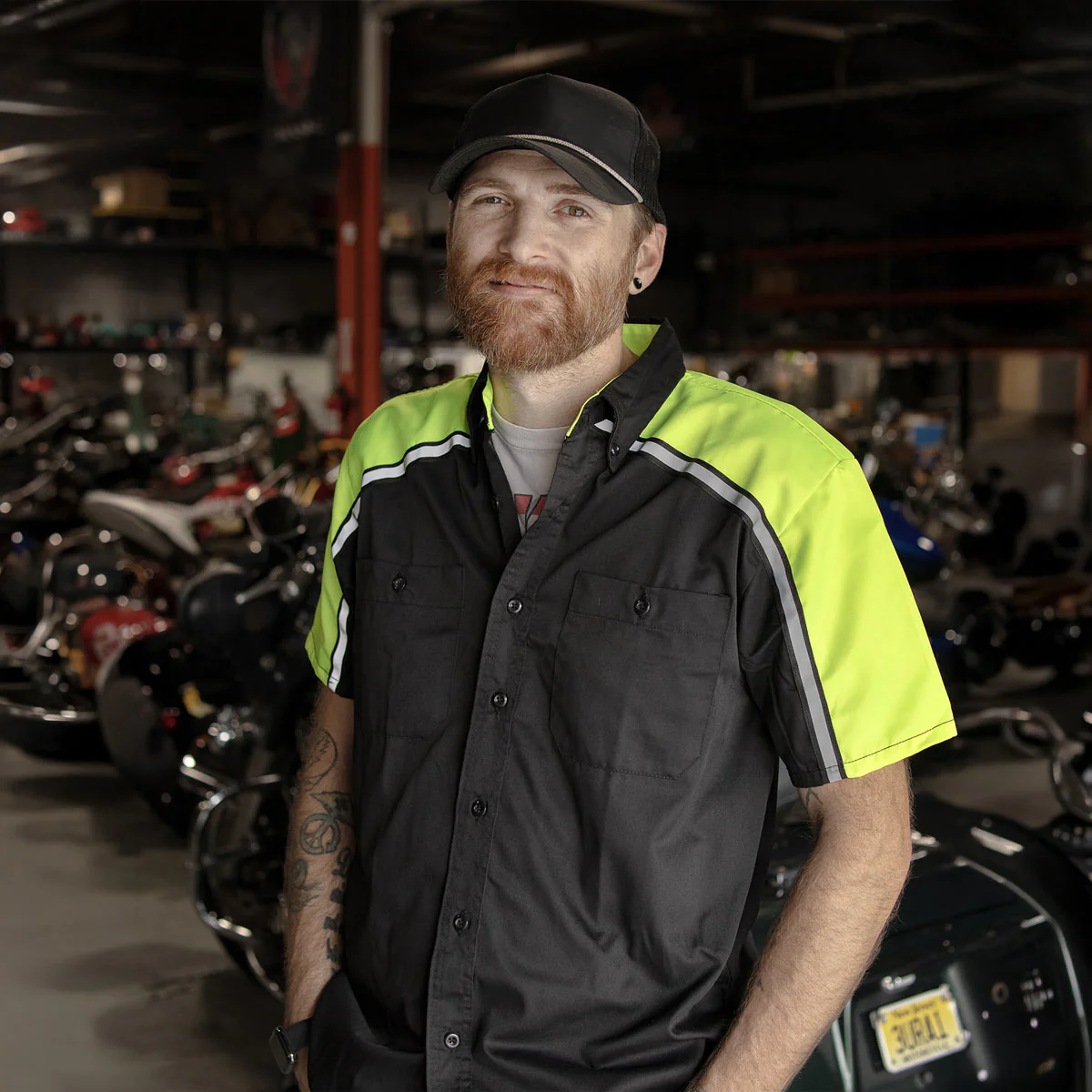 Milwaukee Motorcycle Clothing Co. Men’s Blk/Green Mechanic Work Shirt – w / Reflective Strip, Rider‑Built MDM11604 - Image 5