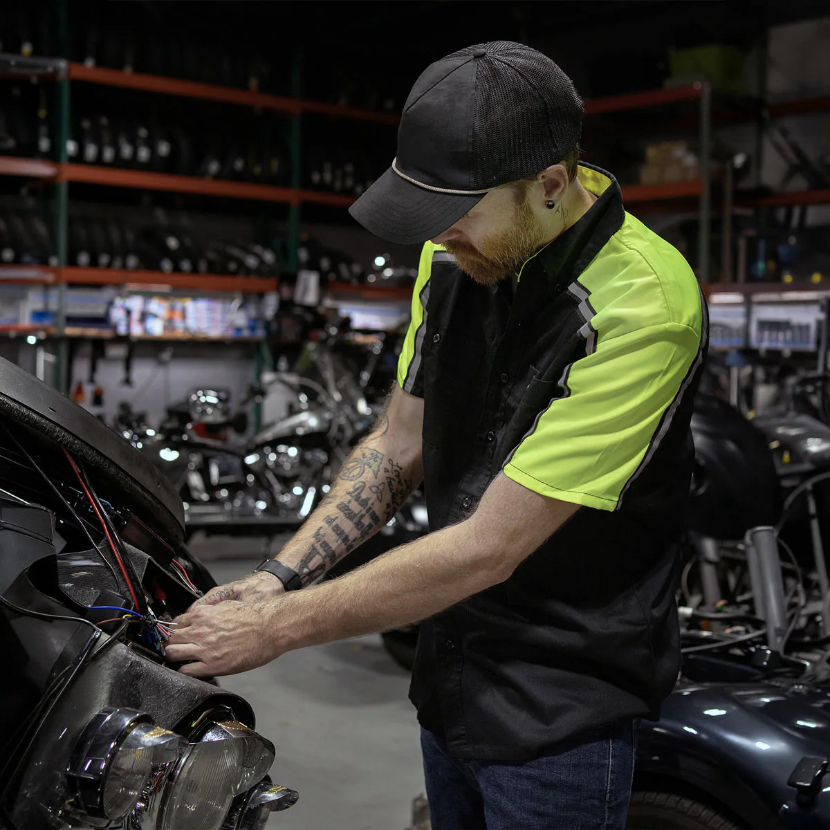 Milwaukee Motorcycle Clothing Co. Men’s Blk/Green Mechanic Work Shirt – w / Reflective Strip, Rider‑Built MDM11604 - Image 6