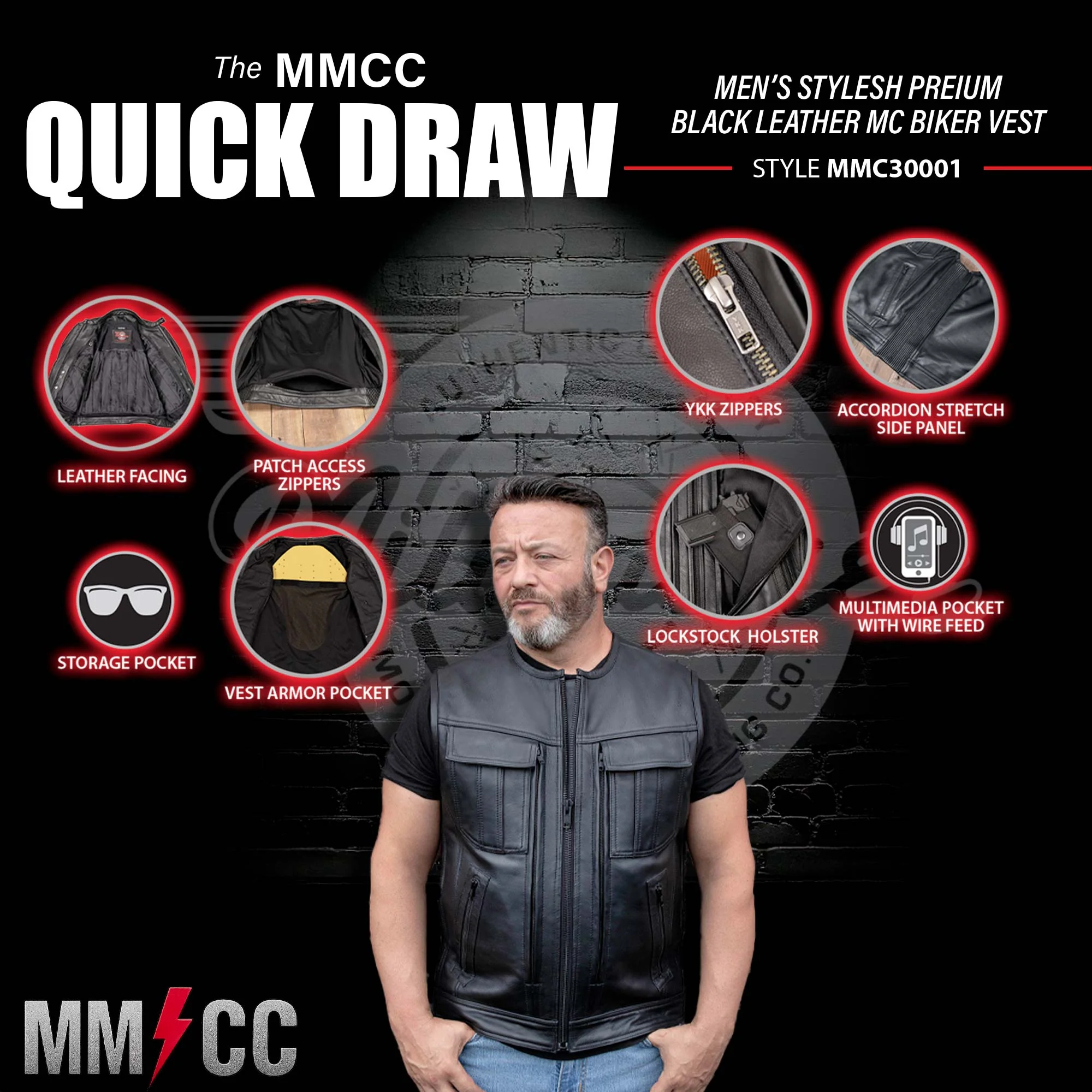 Milwaukee Motorcycle Clothing Co. Men's Quick-Draw Stylesh Premium Black Leather MC Biker Vest MMC30001 - Image 2