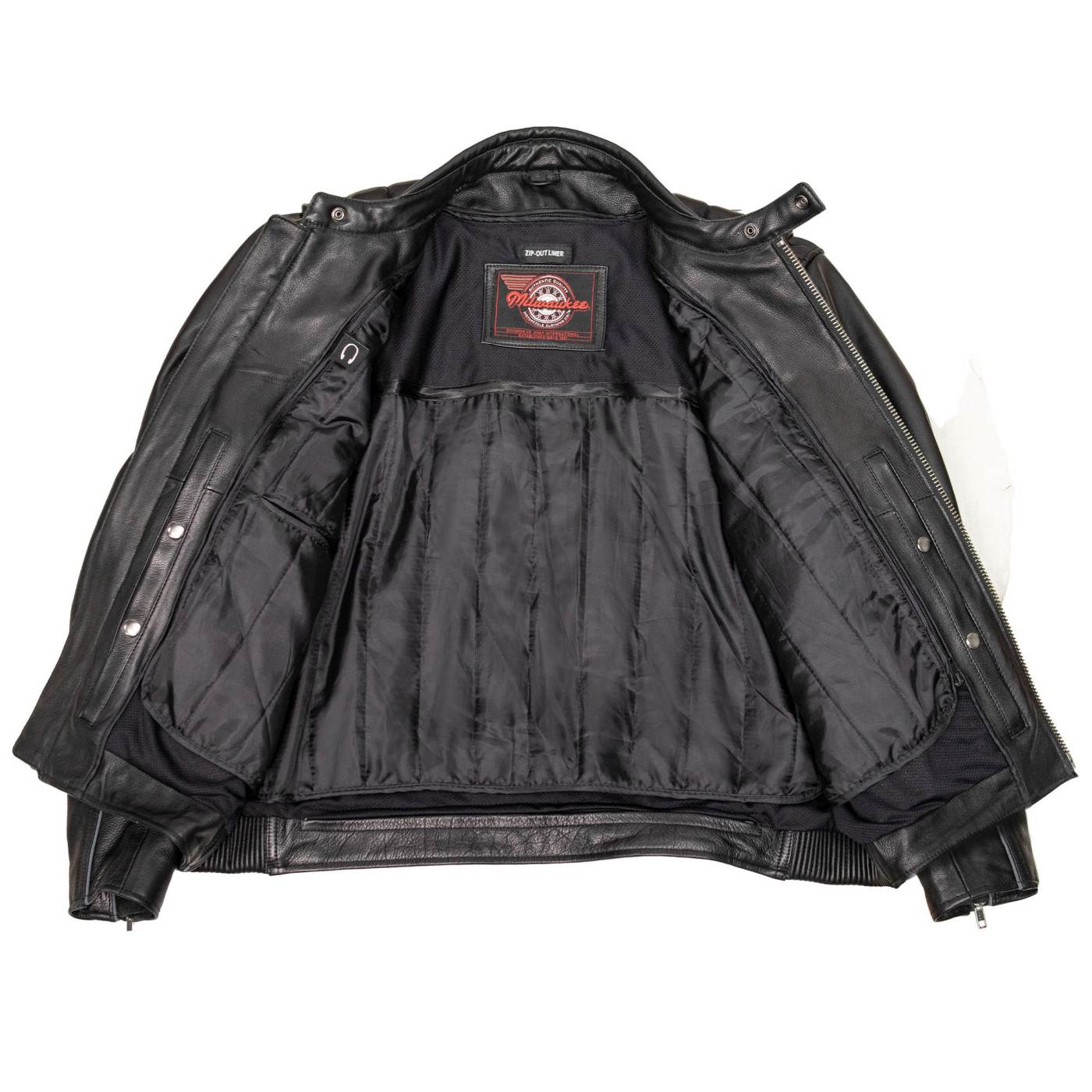 Milwaukee Motorcycle Clothing Co. Men's Top-Spot Scooter Style Black Leather Jacket w/  Reflective Piping MMC10007 - Image 7