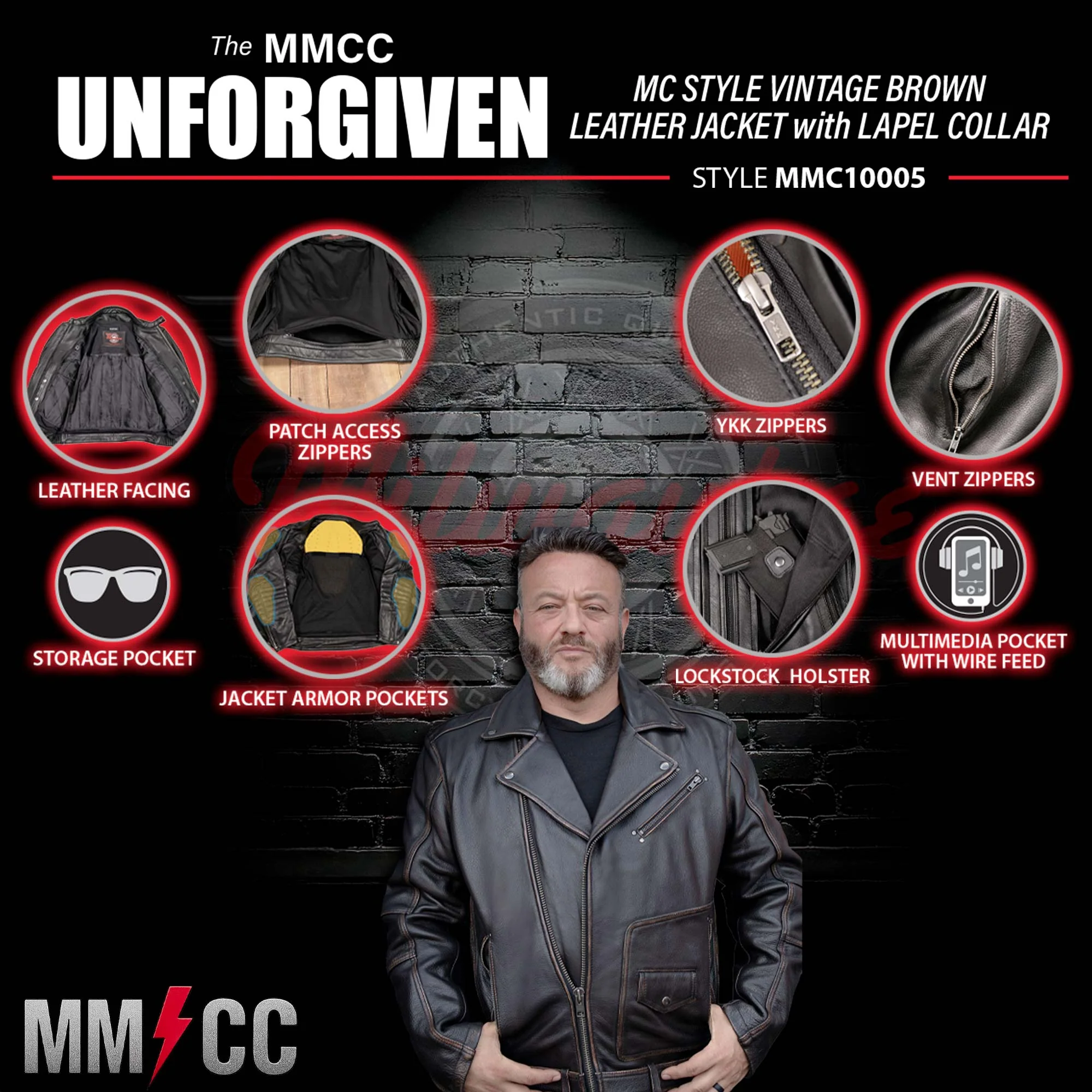 Milwaukee Motorcycle Clothing Co. Men's Unforgiven MC Style Vintage Brown Leather Jacket w/ Lapel Collar MMC10005 - Image 2