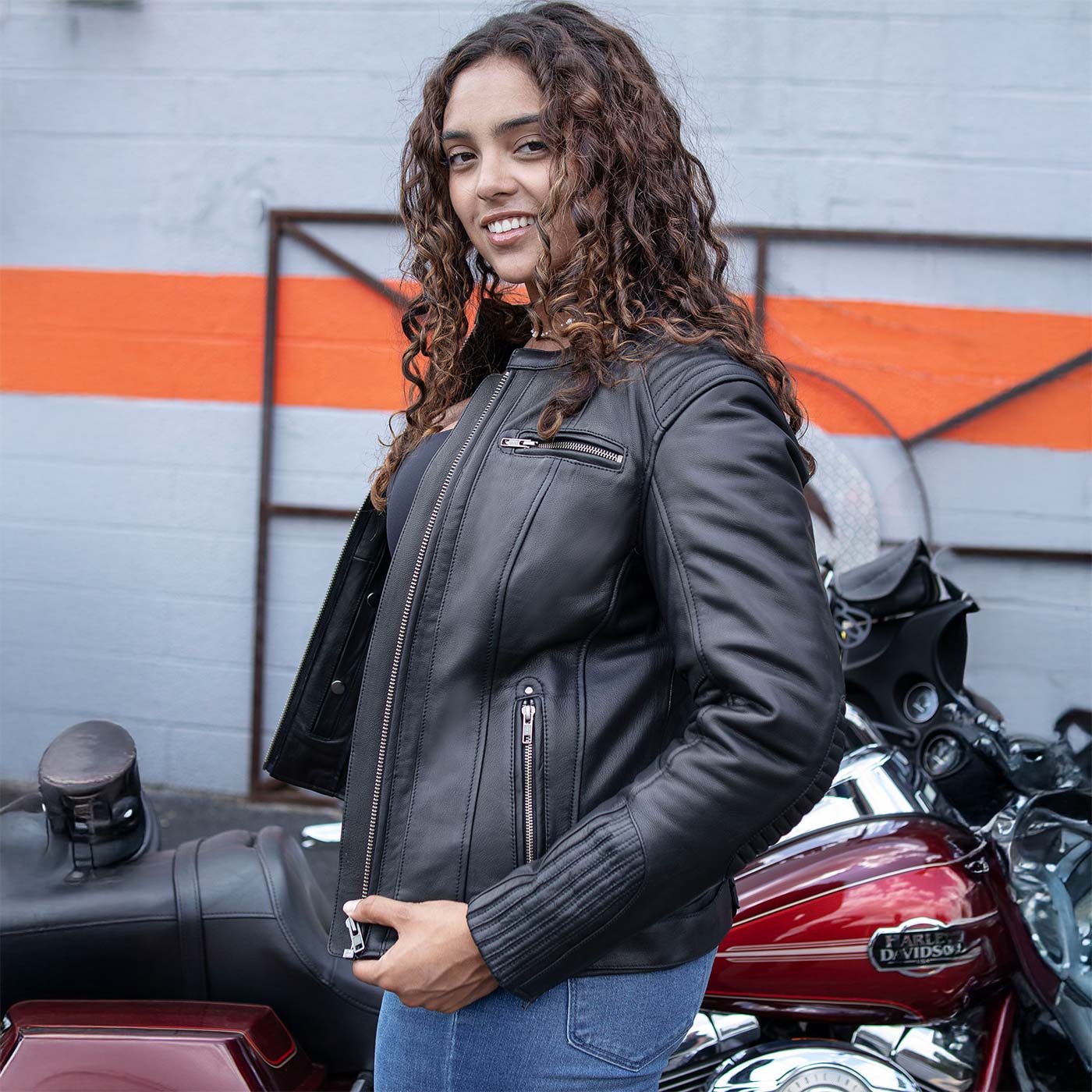Milwaukee Motorcycle Clothing Co. Women’s Rebel Scooter Style Black Leather Biker Jacket w/ Mandarin Collar MMC20002 - Image 10