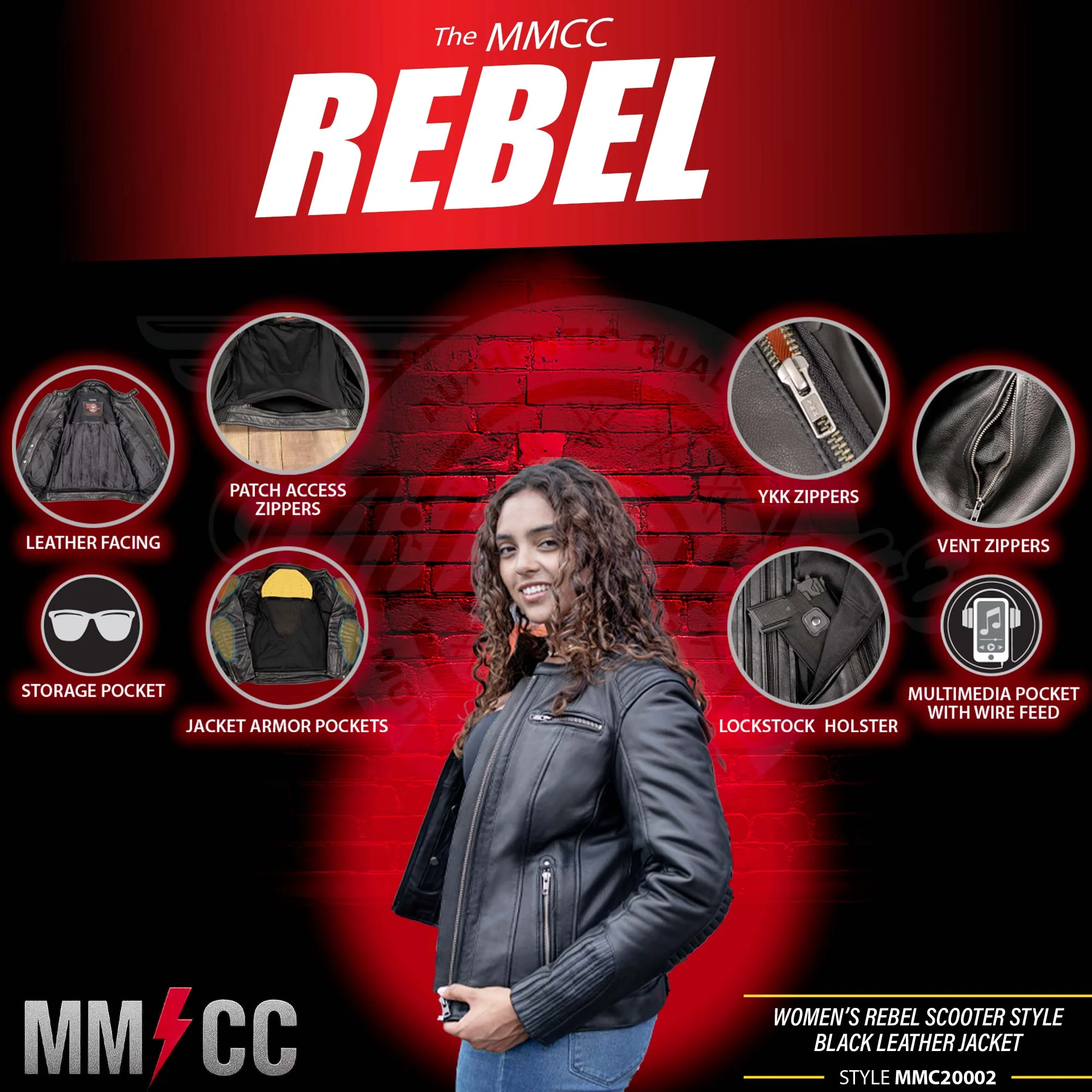 Milwaukee Motorcycle Clothing Co. Women’s Rebel Scooter Style Black Leather Biker Jacket w/ Mandarin Collar MMC20002 - Image 2