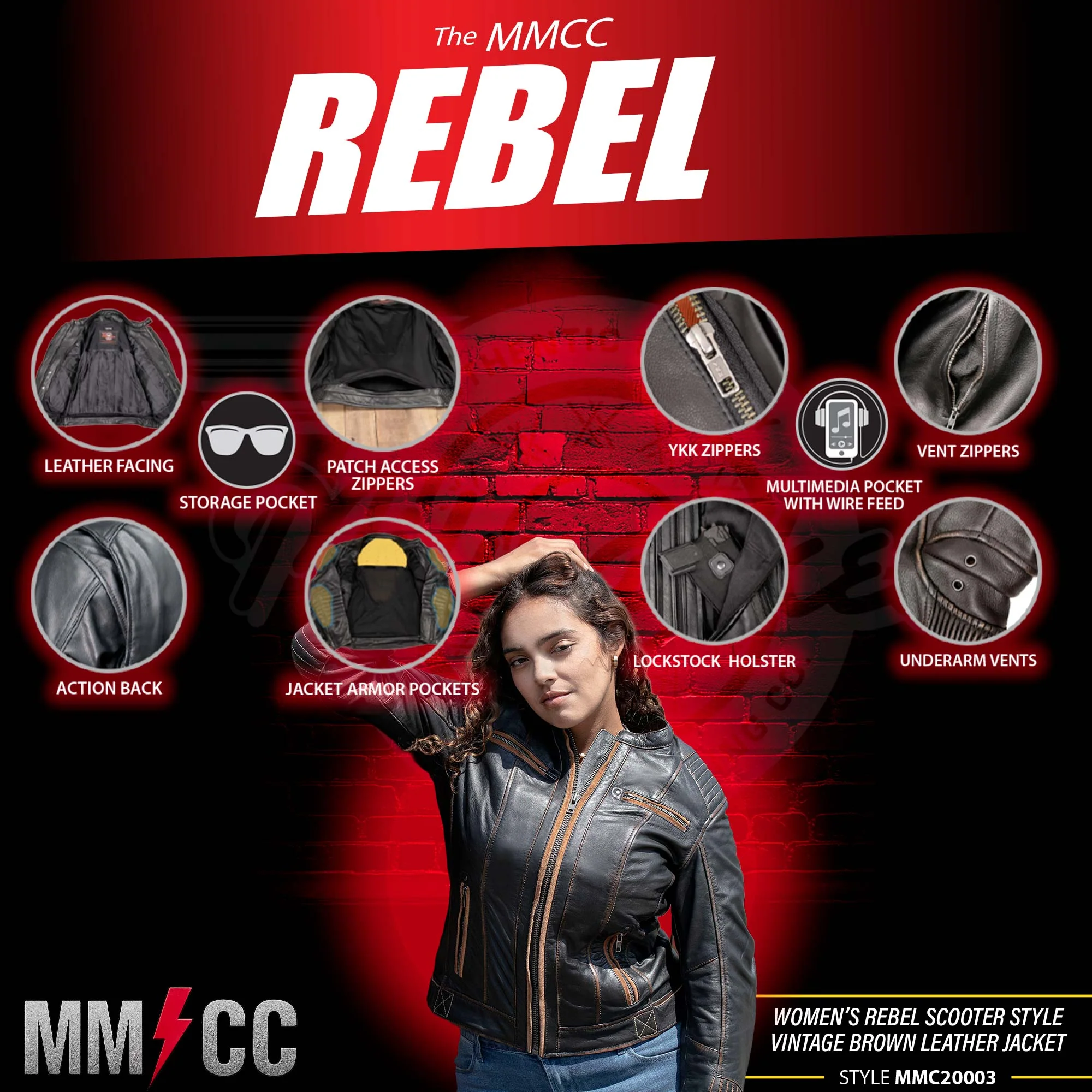 Milwaukee Motorcycle Clothing Co. Women’s Rebel Scooter Style Vinage Brown Leather Jacket w/ Mandarin Collar MMC20003 - Image 2