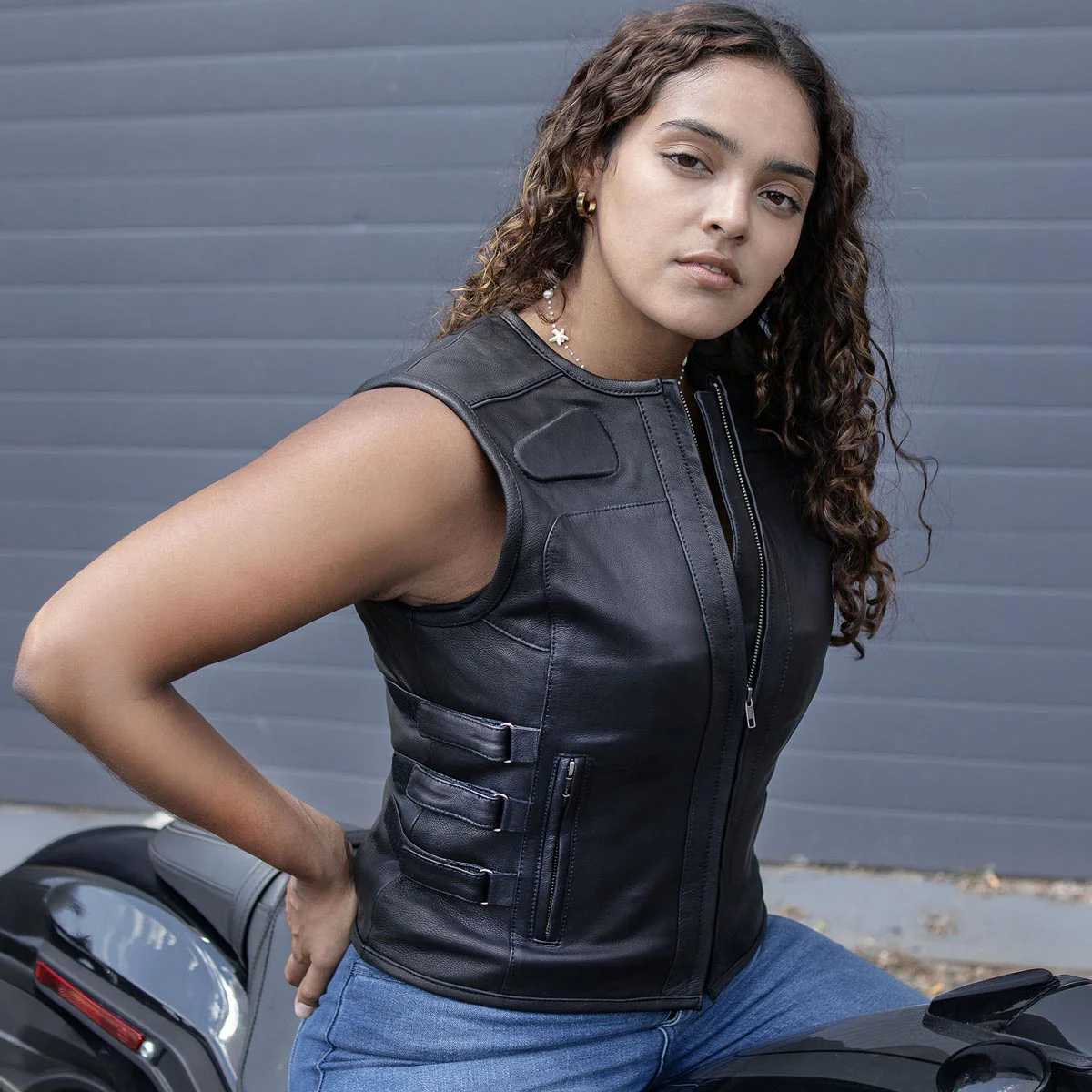 Milwaukee Motorcycle Clothing Co. Women's Gixxer Black Premium Leather Vest w/ Round Neck Side Buckle MMC40003 - Image 11