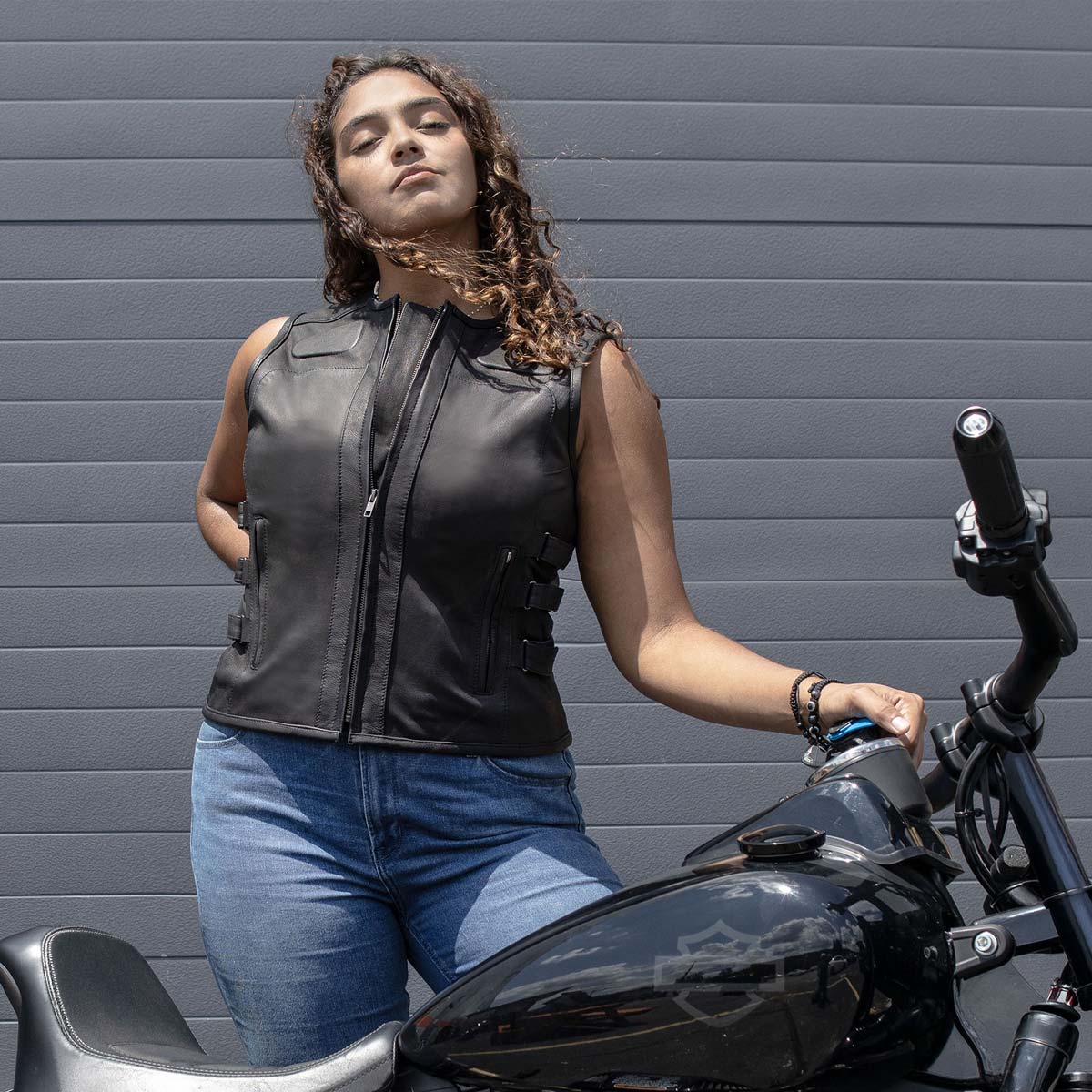 Milwaukee Motorcycle Clothing Co. Women's Gixxer Black Premium Leather Vest w/ Round Neck Side Buckle MMC40003 - Image 12