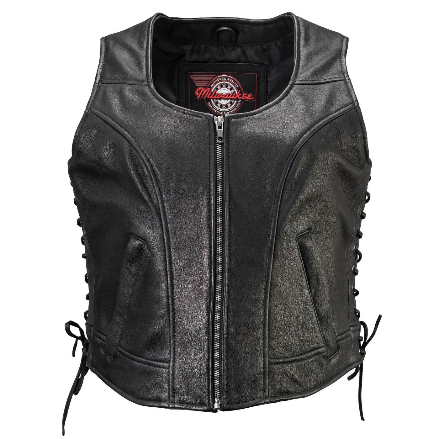 Milwaukee Motorcycle Clothing Co. Women's Rave Black Premium Leather Deep Neck Side Lace Vest MMC40000 - Image 14