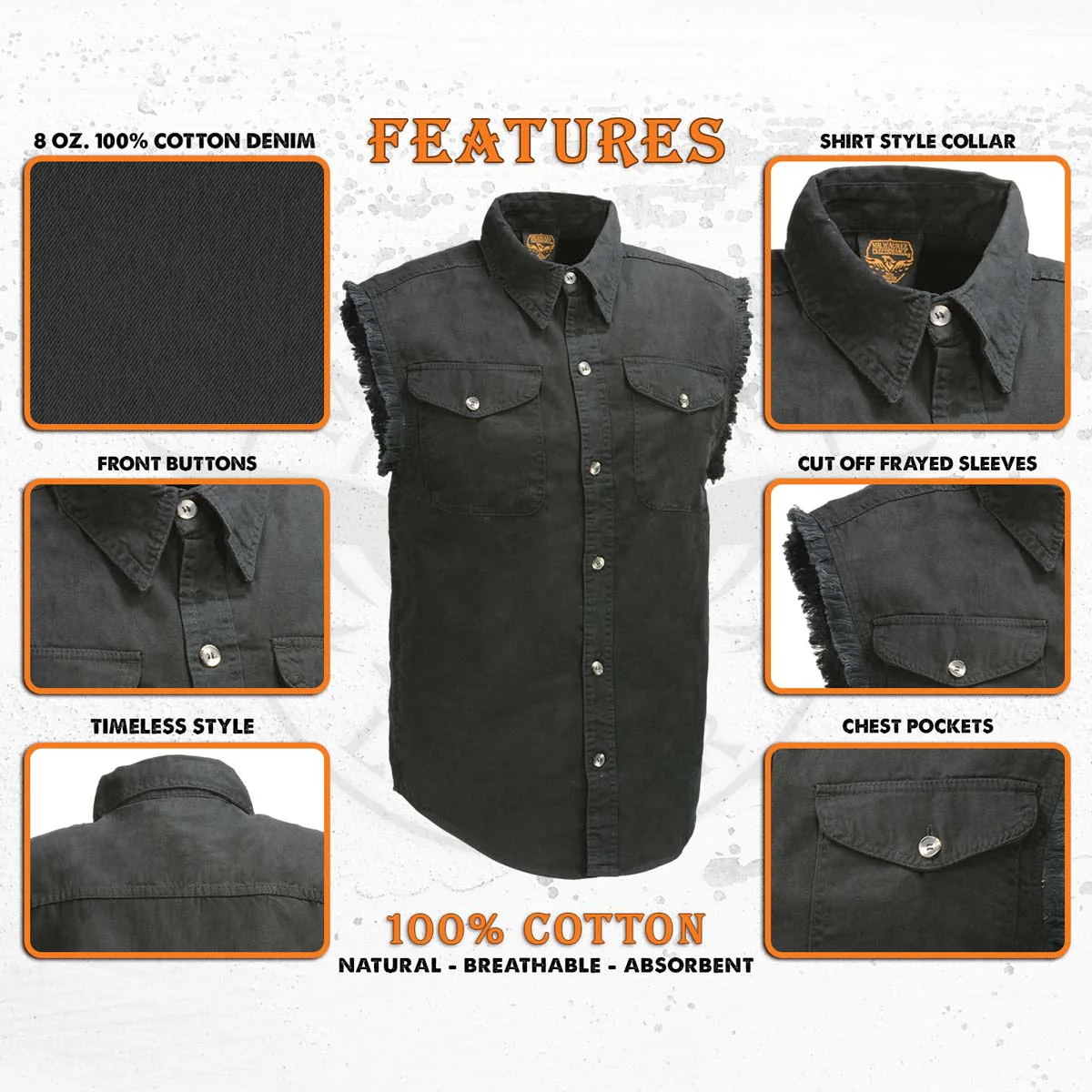 Milwaukee Leather DM1002 Men's Black Lightweight Denim Shirt with Frayed Cut Off Sleeveless - Image 2