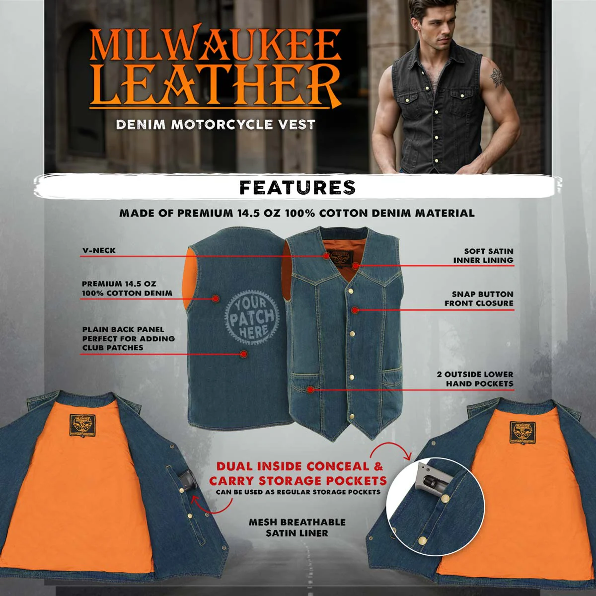 Milwaukee Leather DM1310 Men's Classic Blue Denim Western Style Cowboy Biker Vest w/ Snap Button Closure - Image 2