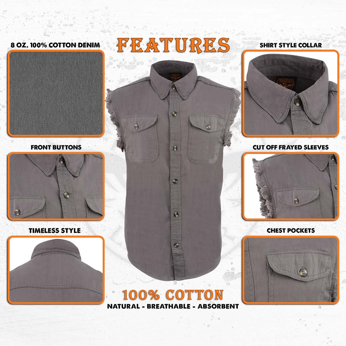 Milwaukee Leather DM4004 Men's Grey Lightweight Denim Shirt with Sleeveless Frayed Cut Off - Image 2