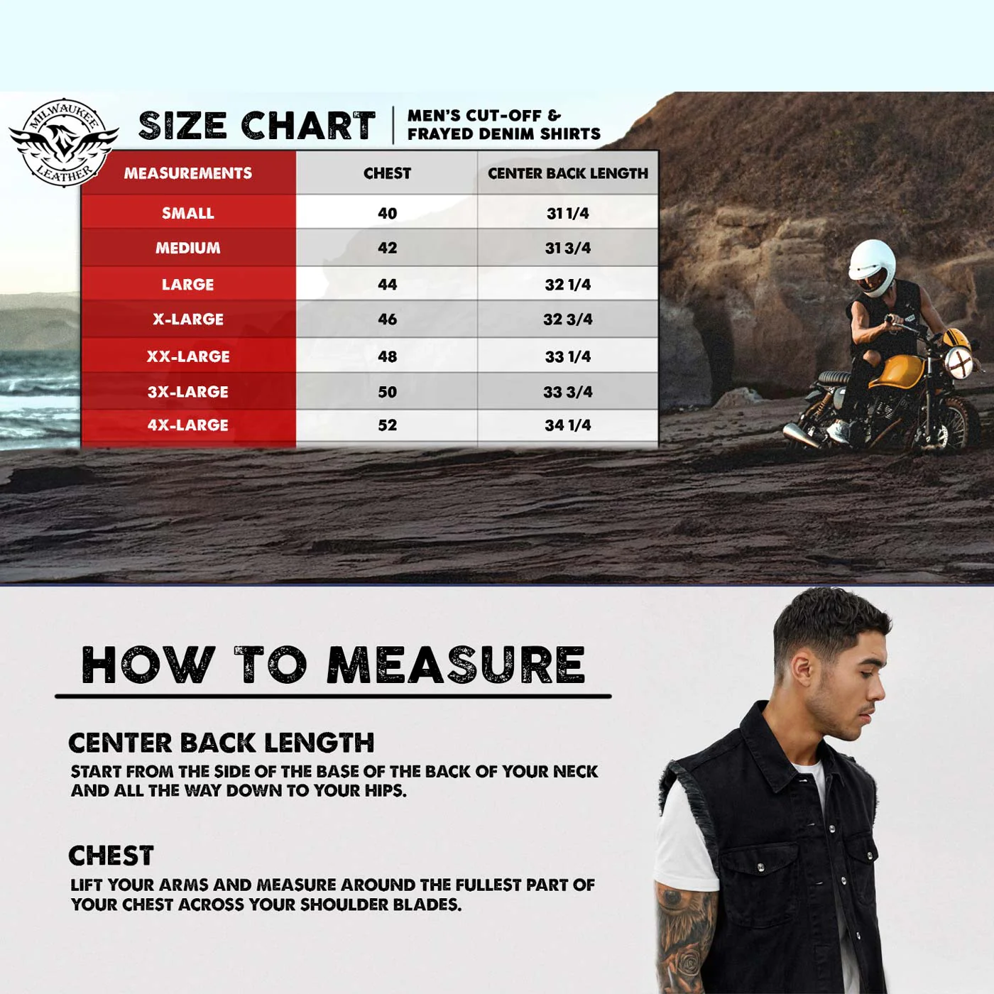 Milwaukee Leather DM4007 Men's Red Lightweight Denim Shirt with Frayed Cut Off Sleeveless - Image 3