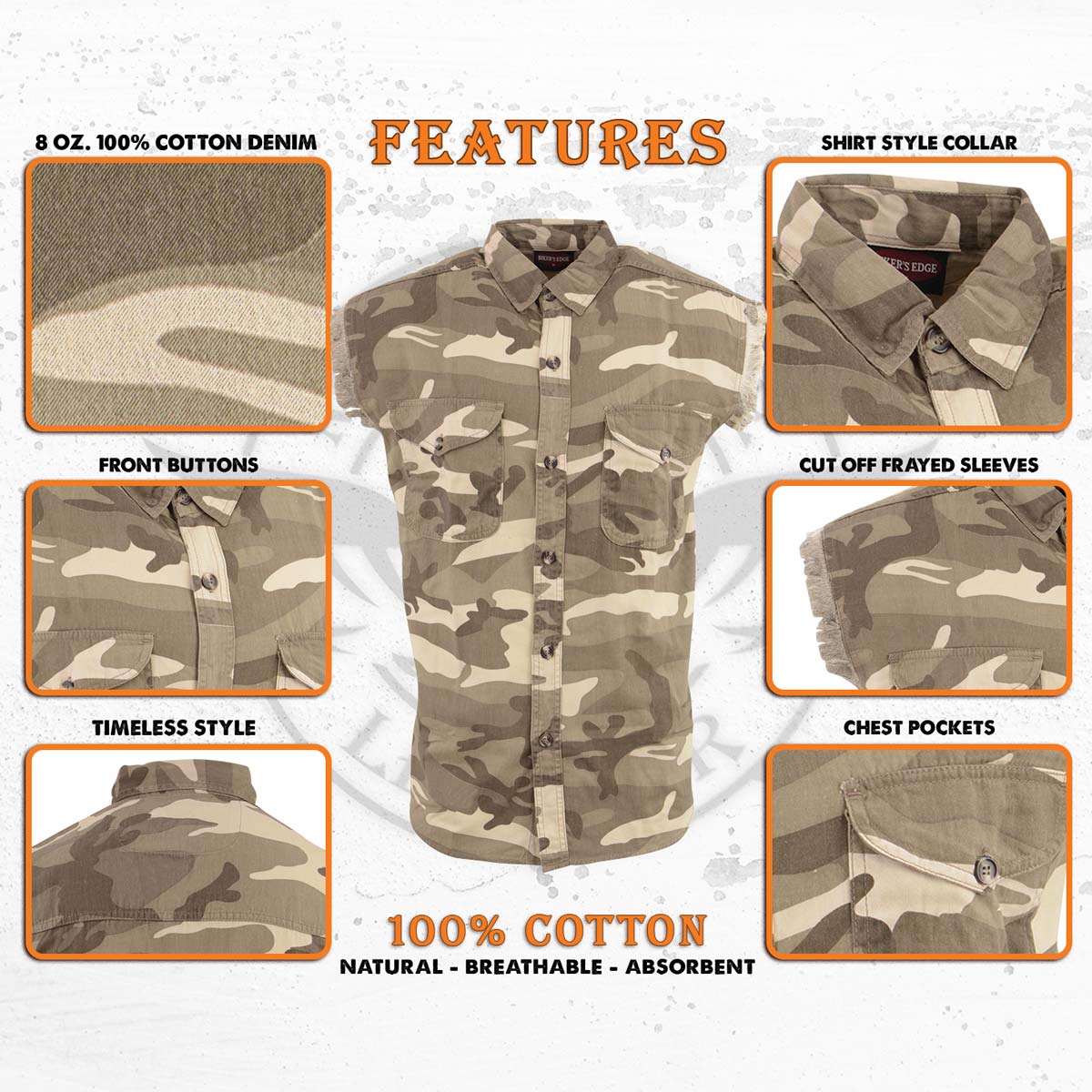 Milwaukee Leather DM4009 Men's Sand Lightweight Denim Shirt with with Frayed Cut Off Sleeveless Look - Image 2