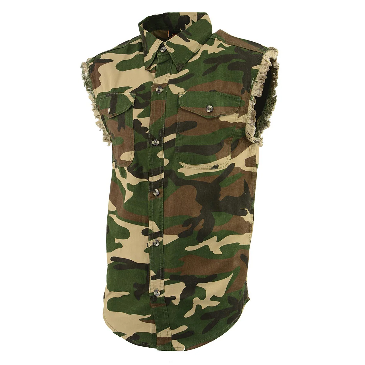 Milwaukee Leather DM4010 Men's Camo Lightweight Denim Shirt with Vintage and Frayed Sleeveless Look - Image 5