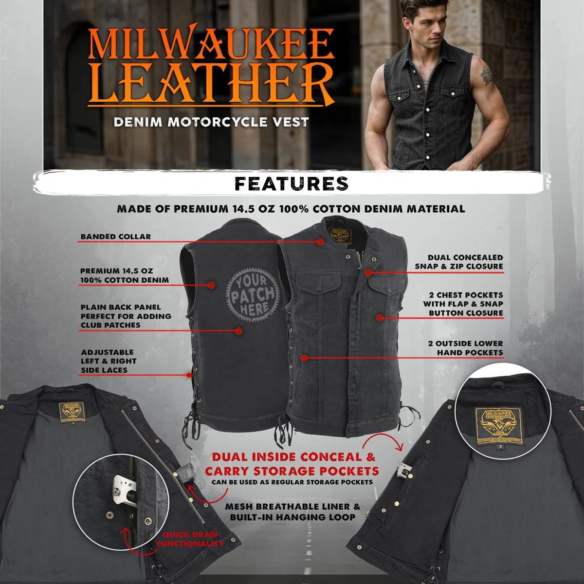 Milwaukee Leather MDM3002 Men's ‘Covert’ Black Denim Club Style Vest with Side Lace Adjustment - Image 2