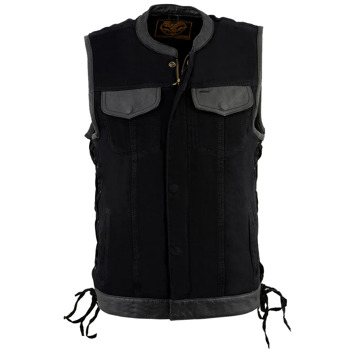 Milwaukee Leather MDM3011 Men's Black 'Hidden Zipper' Side Lace Motorcycle Rider Denim Vest w/ Leather Trim - Image 8