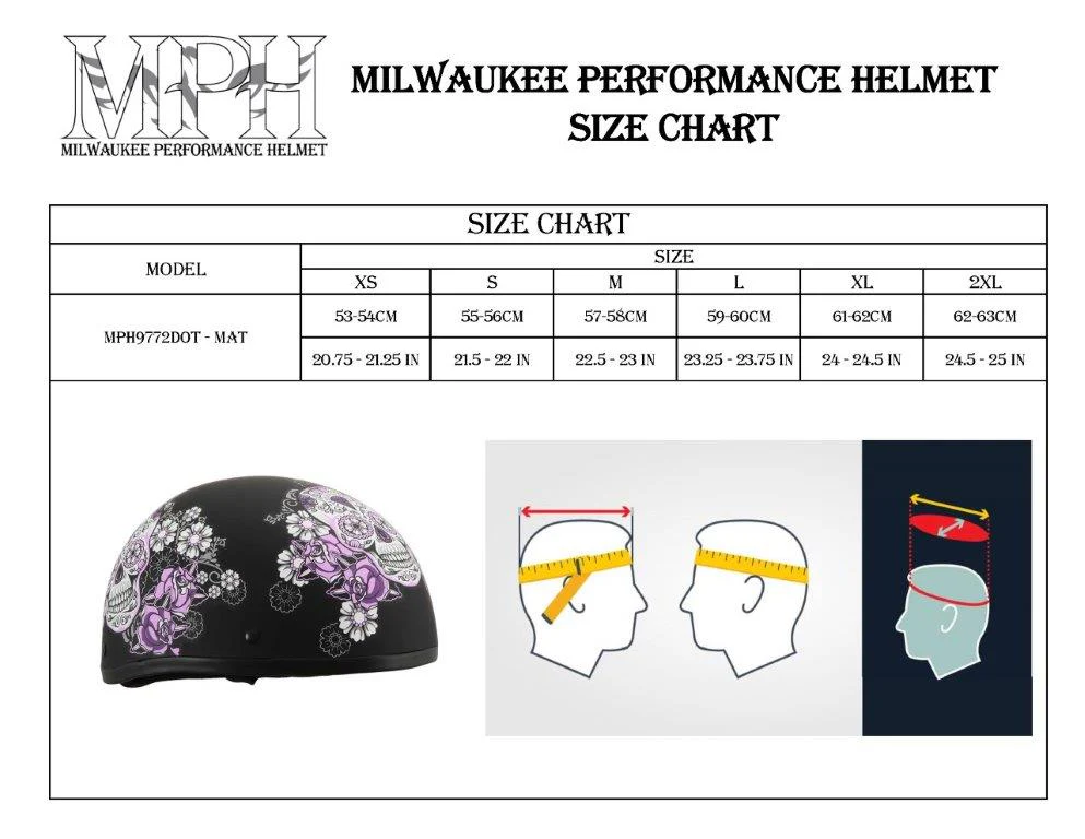 Milwaukee Helmets MPH9772DOT Ladies Sugar Skull Design Matte Black Half Helmet - Image 4