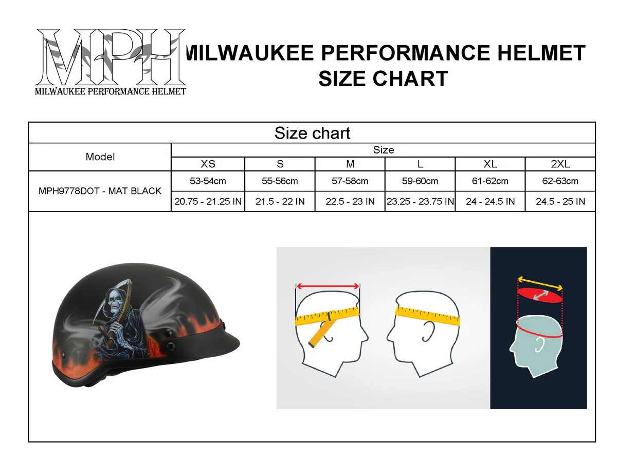 Milwaukee Helmets MPH9778 Matte Black Grim Reaper DOT Half Helmet - Image 5