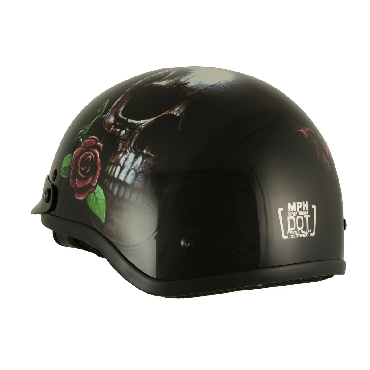 Milwaukee Helmets MPH9780 Black Rose Skull & Revolver DOT Half Helmet - Image 9