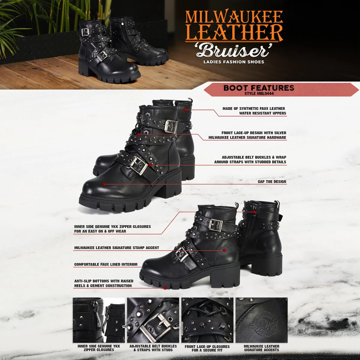 Milwaukee Leather MBL9444 Women's Bruiser Premium Black Lace-Up Fashion Boots w/ Studded Straps - Image 2