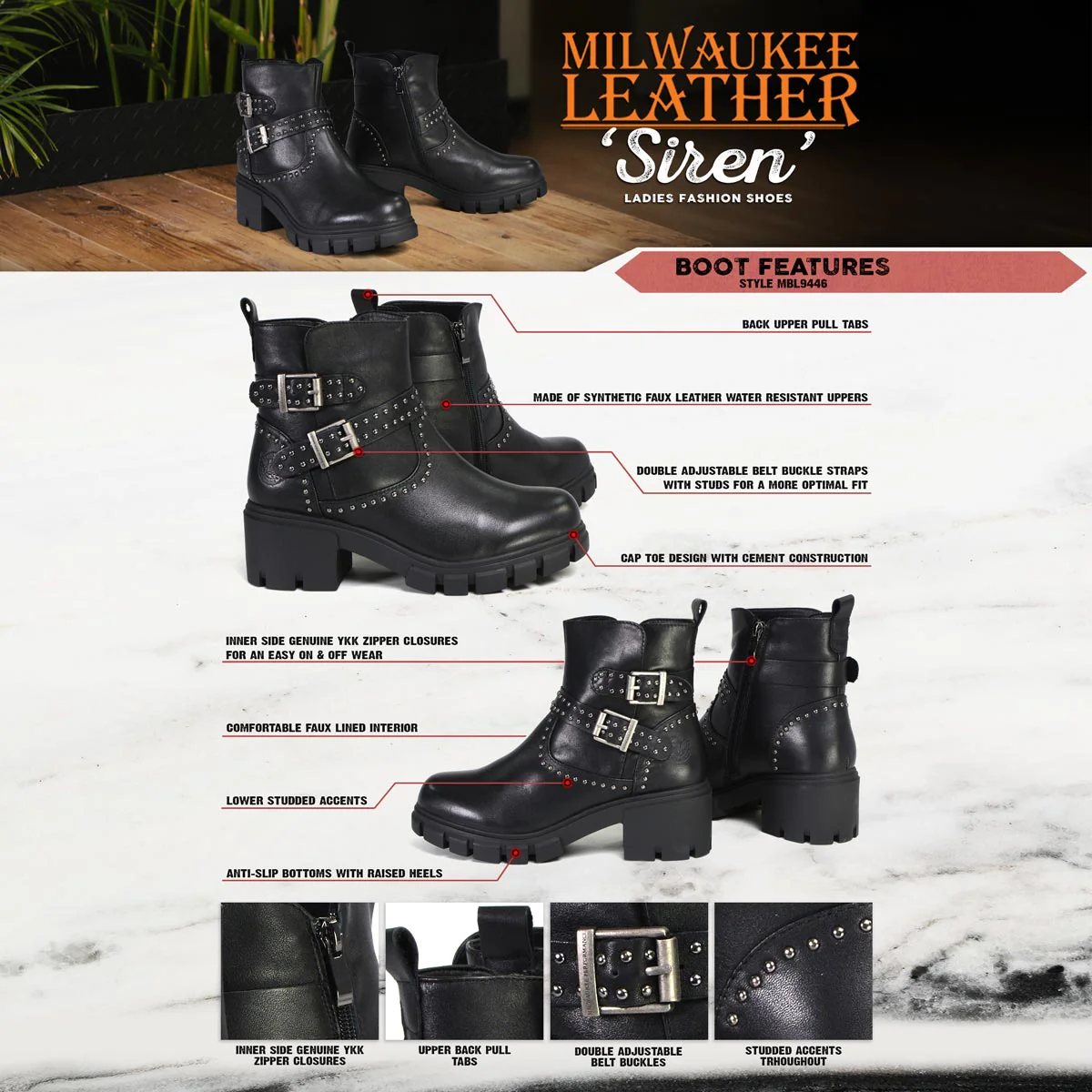 Milwaukee Leather Women's Siren Premium Black Studded Fashion Boots w/ Side Zippers MBL9446 - Image 2