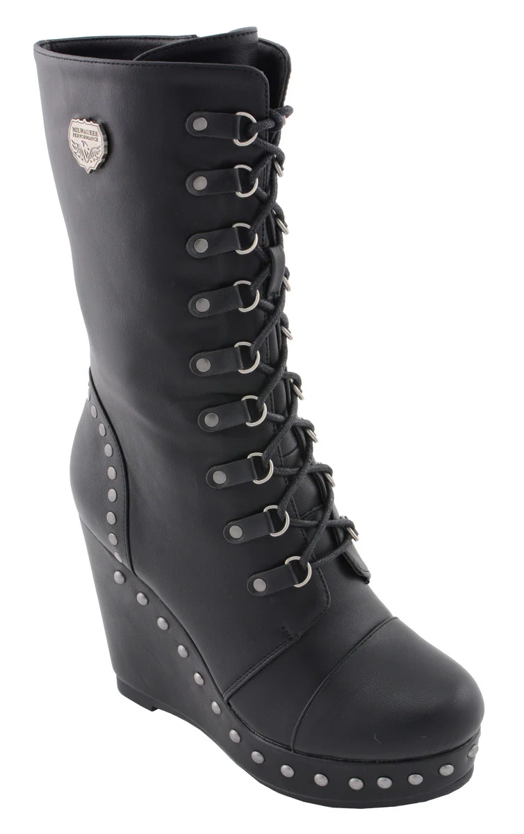 Milwaukee Leather MBL9438 Women's Black Tall Lace-Up Fashion Casual Boots with Platform Wedge - Image 2