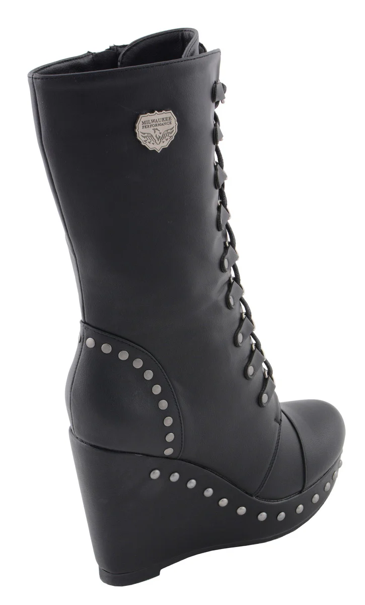 Milwaukee Leather MBL9438 Women's Black Tall Lace-Up Fashion Casual Boots with Platform Wedge - Image 8