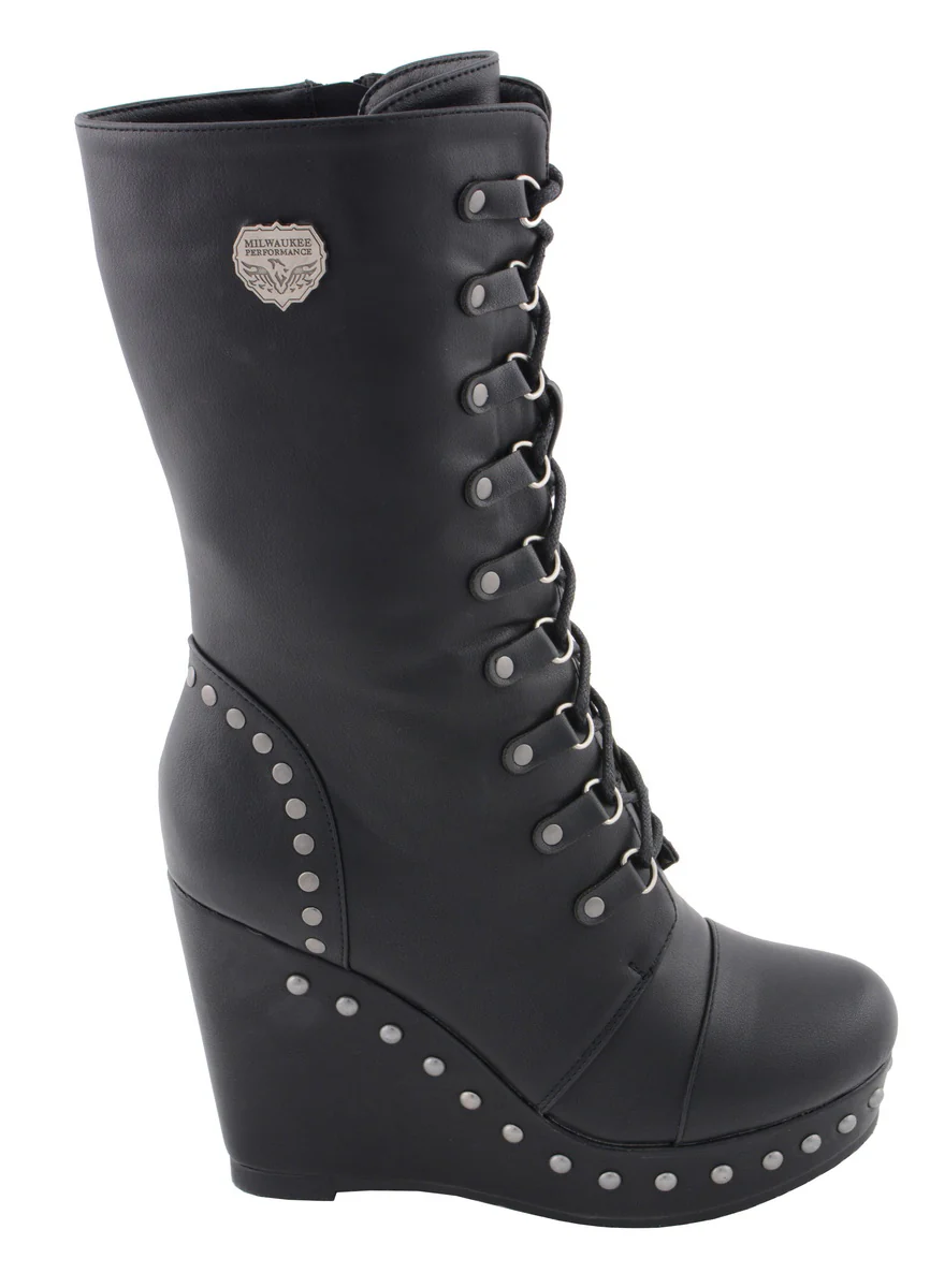 Milwaukee Leather MBL9438 Women's Black Tall Lace-Up Fashion Casual Boots with Platform Wedge - Image 9