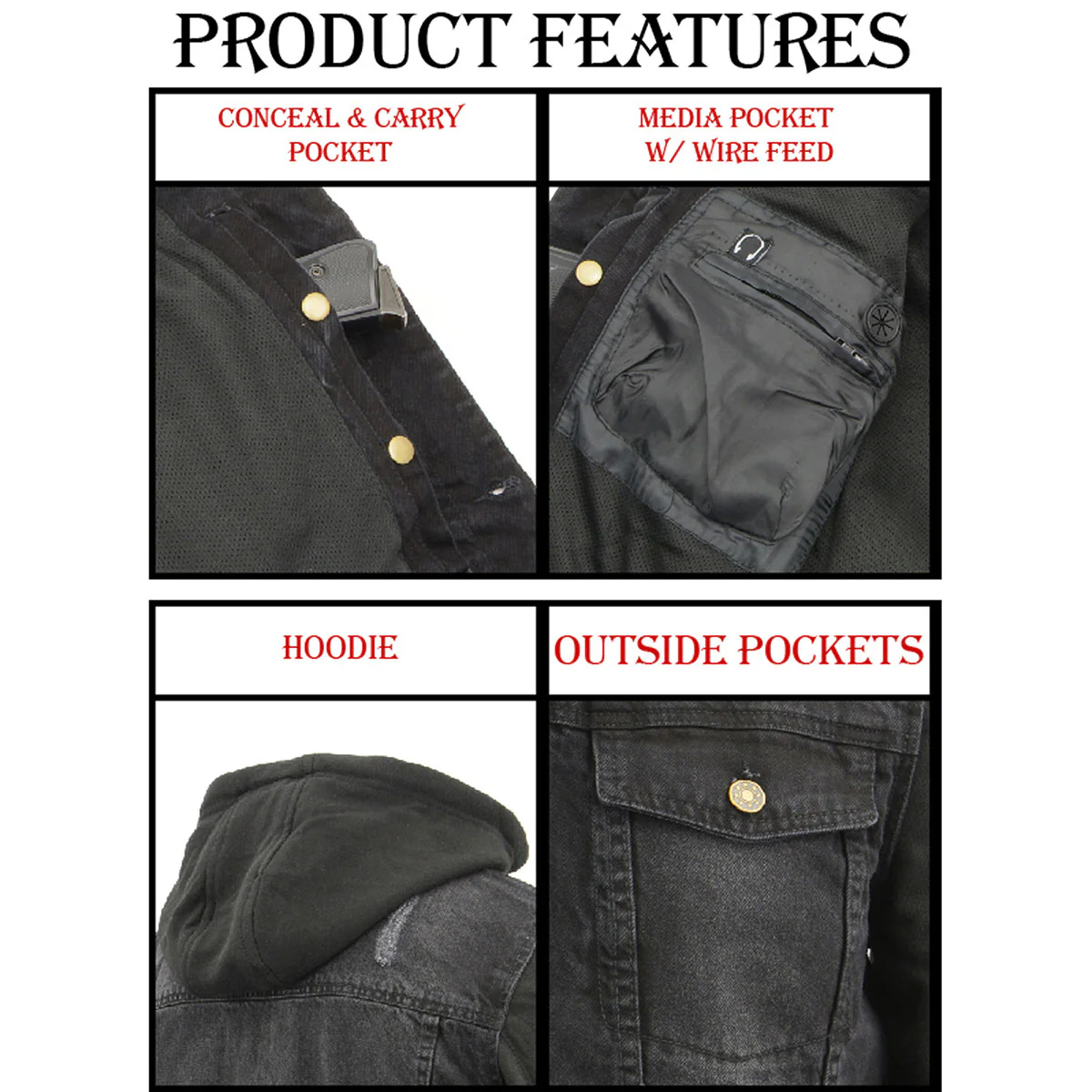 Milwaukee Leather MDM1000 Men's Black Denim Jacket with Removable Hoodie - Image 4