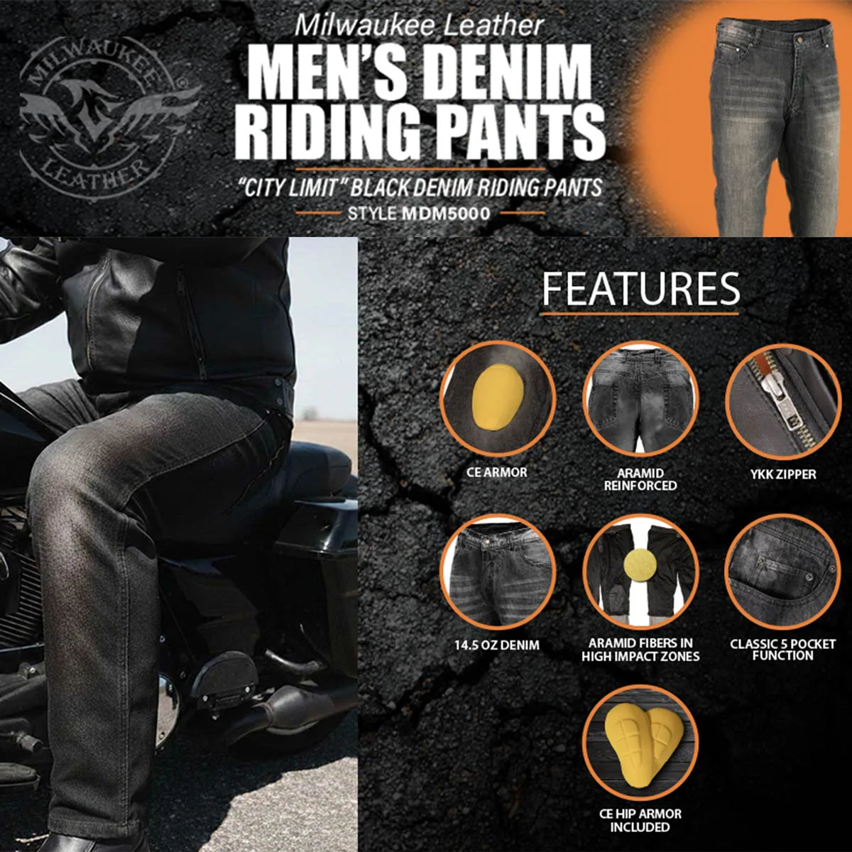 Milwaukee Leather MDM5000 Men's City Limit Black CE Armored Motorcycle Riding Denim Jeans Pants Reinforced w/ Aramid Fibers - Image 4