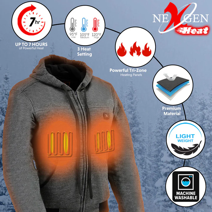 Nexgen Heat Women's Heated Hoodie Jacket - MPL2713SET Grey | 3 Level Motorcycle Riding, Winter Ready, Outdoors Use - Image 2