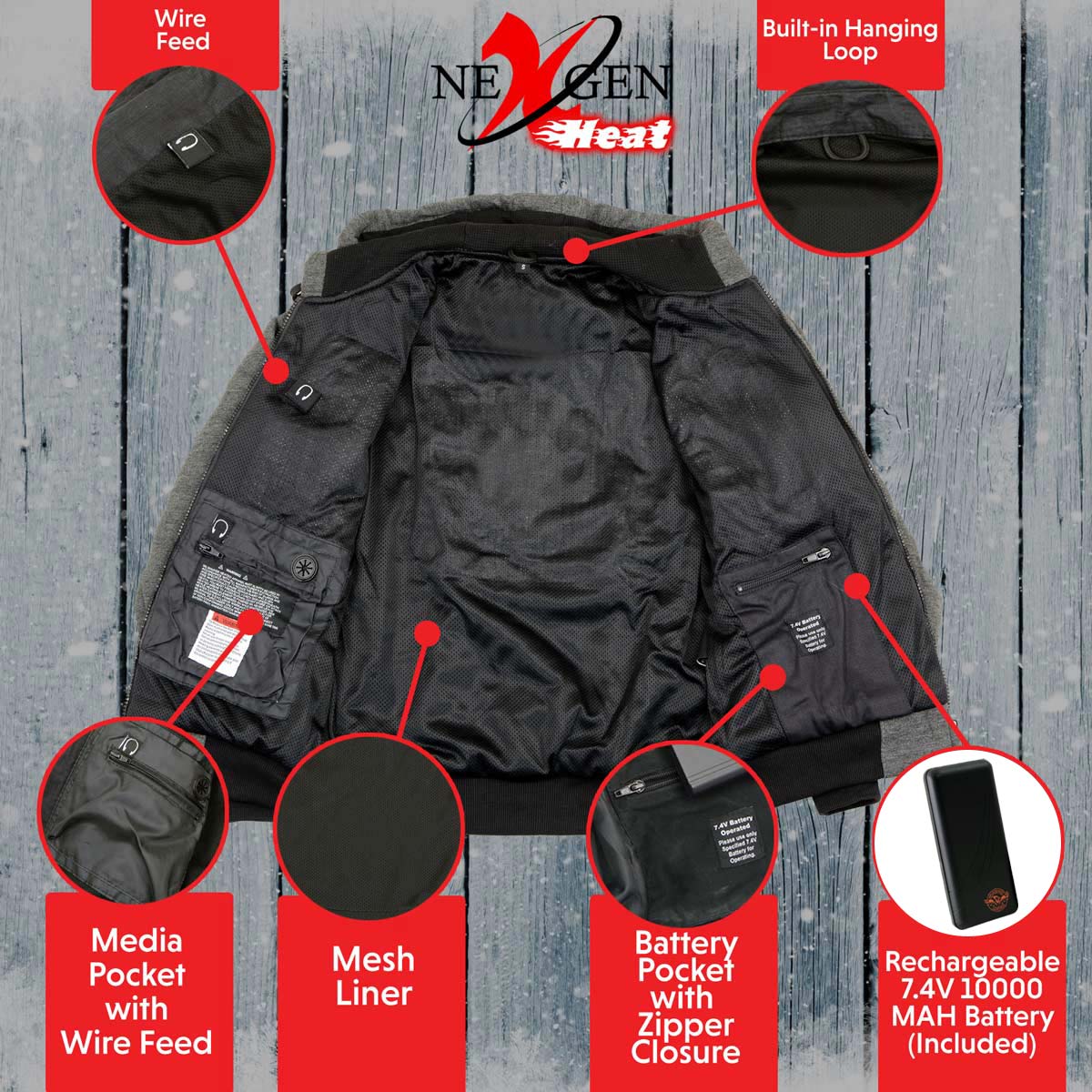 Nexgen Heat Women's Heated Hoodie Jacket - MPL2713SET Grey | 3 Level Motorcycle Riding, Winter Ready, Outdoors Use - Image 5